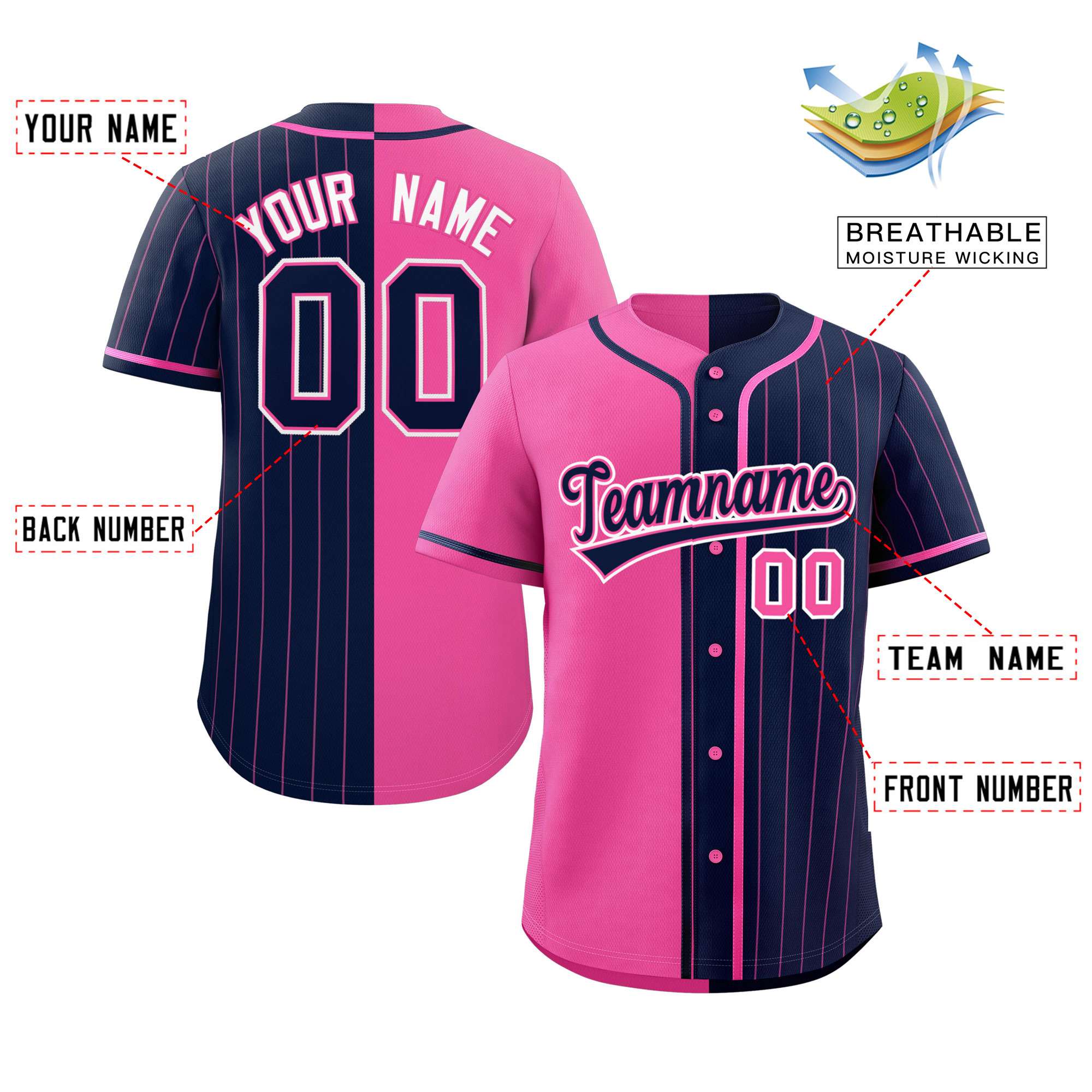 Custom Pink Navy Stripe-Solid Combo Fashion Authentic Baseball Jersey