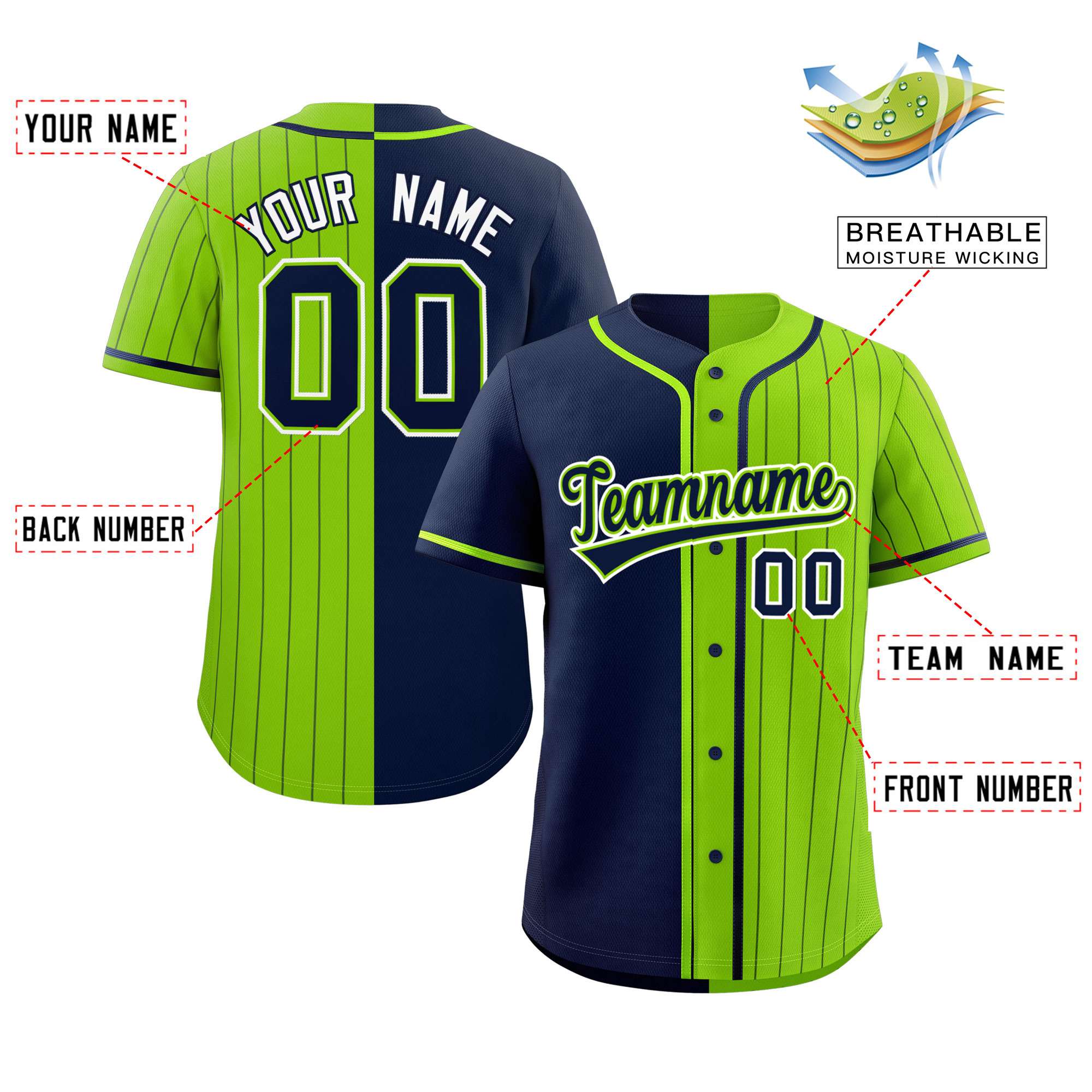 Custom Navy Neon Green Stripe-Solid Combo Fashion Authentic Baseball Jersey