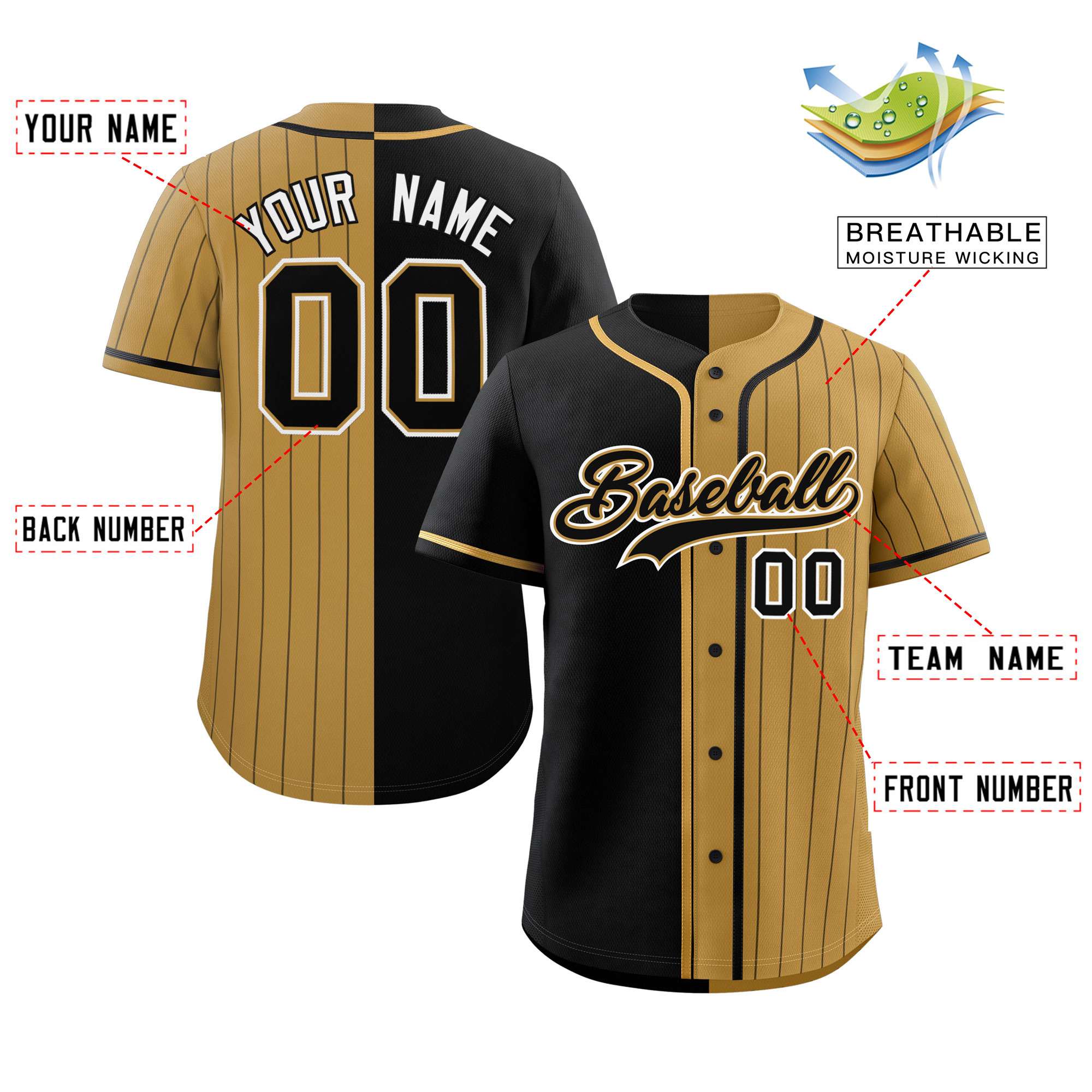 Custom Black Old Gold Stripe-Solid Combo Fashion Authentic Baseball Jersey