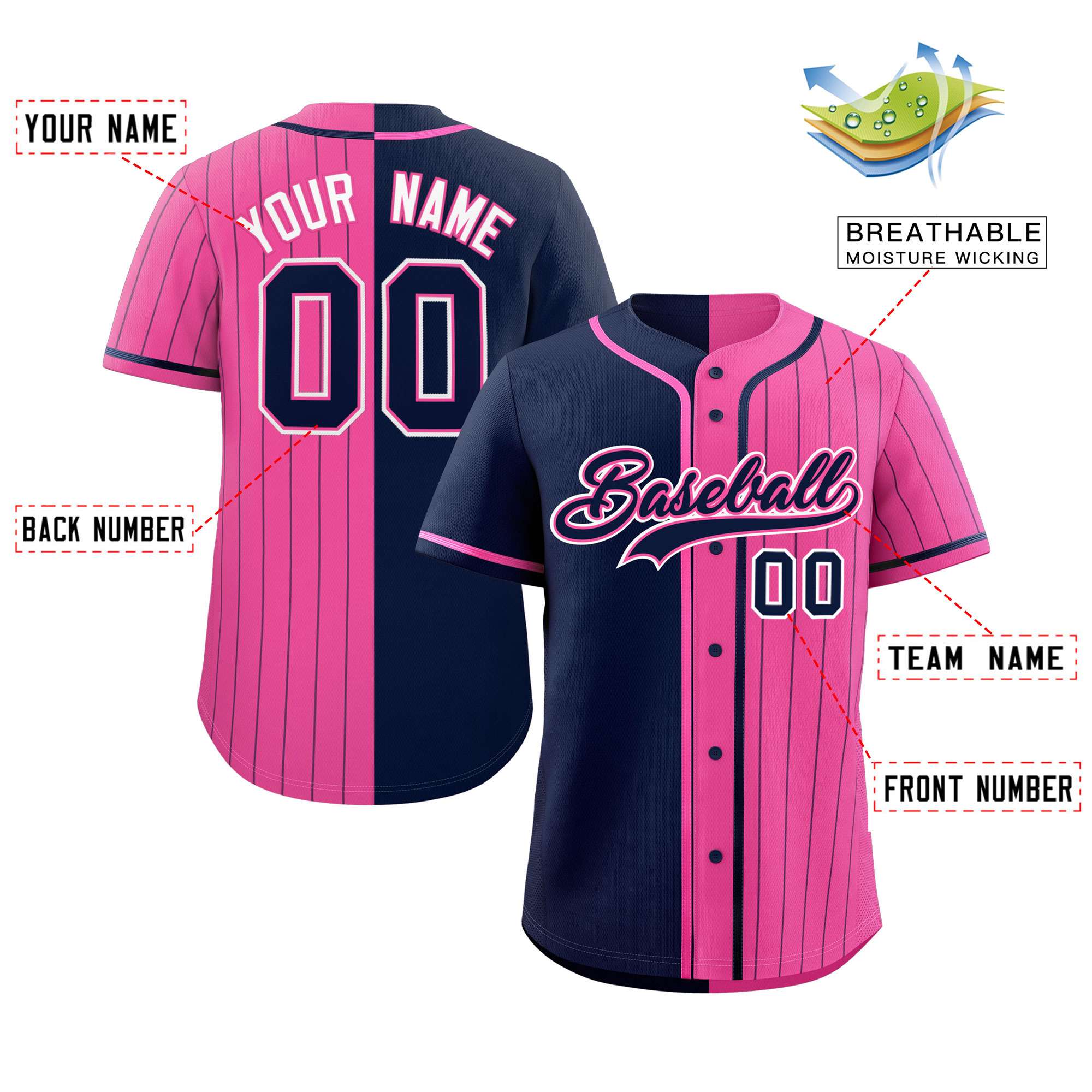 Custom Navy Pink Stripe-Solid Combo Fashion Authentic Baseball Jersey