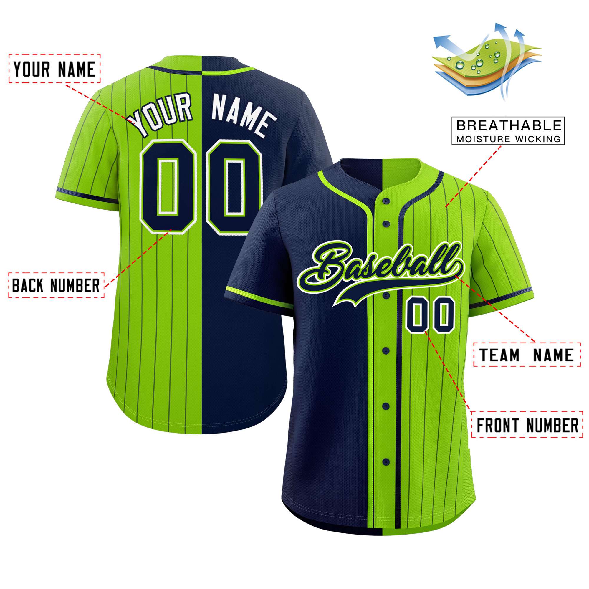 Custom Navy Neon Green Stripe-Solid Combo Fashion Authentic Baseball Jersey