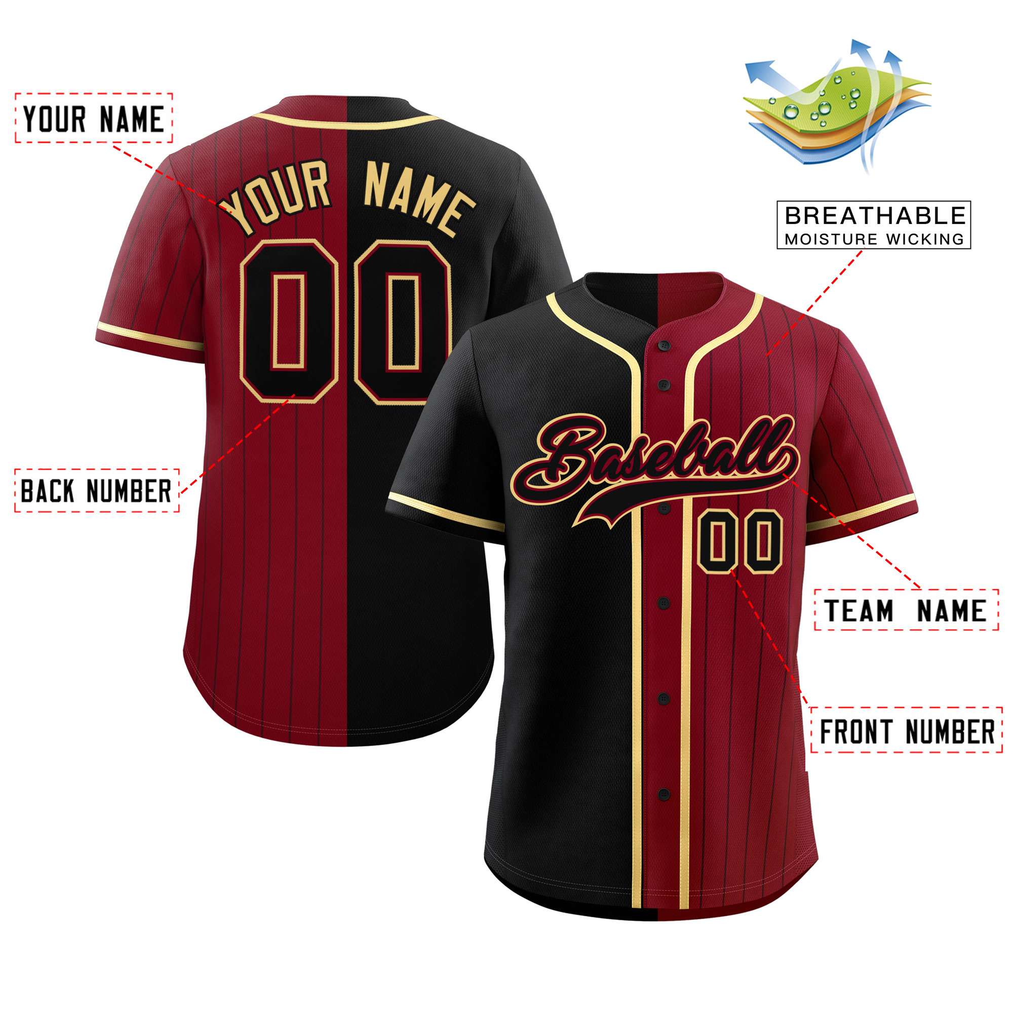 Custom Black Crimson Stripe-Solid Combo Fashion Authentic Baseball Jersey