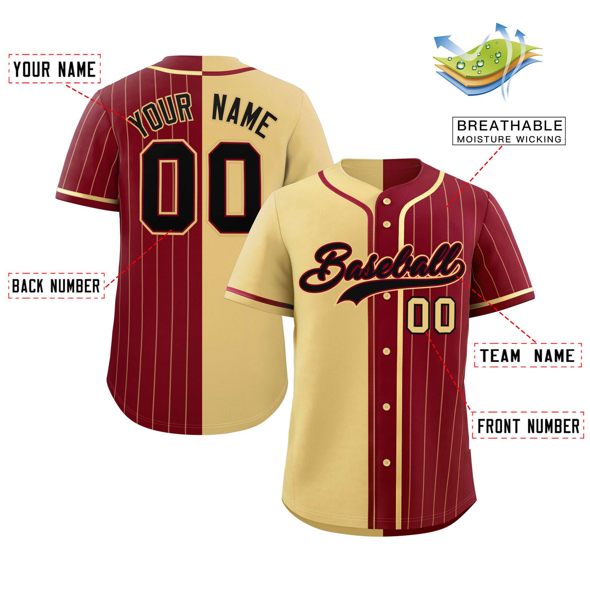 Custom Khaki Crimson Stripe-Solid Combo Fashion Authentic Baseball Jersey