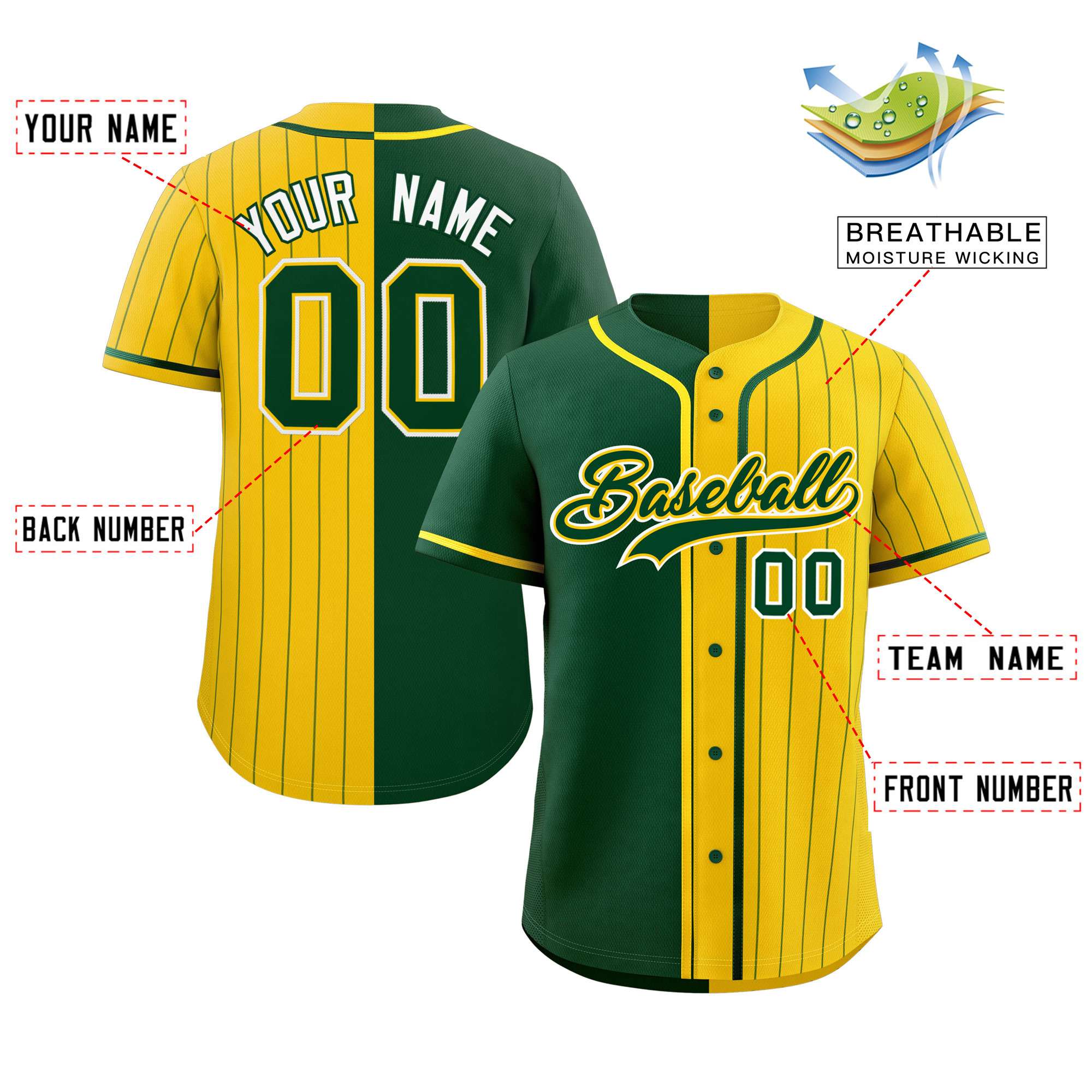 Custom Green Gold Stripe-Solid Combo Fashion Authentic Baseball Jersey