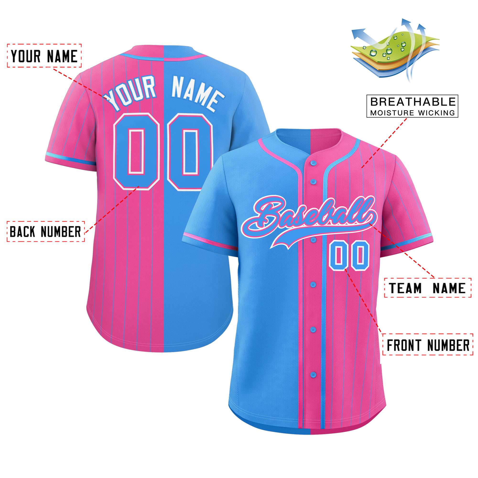 Custom Powder Blue Pink Stripe-Solid Combo Fashion Authentic Baseball Jersey