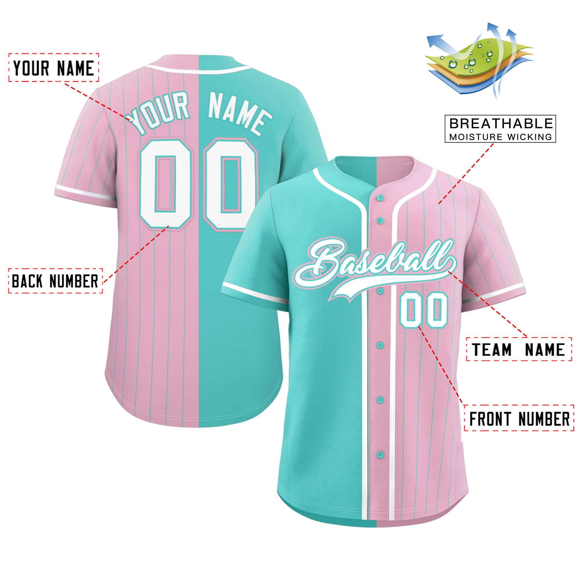 Custom Aqua Light Pink Stripe-Solid Combo Fashion Authentic Baseball Jersey