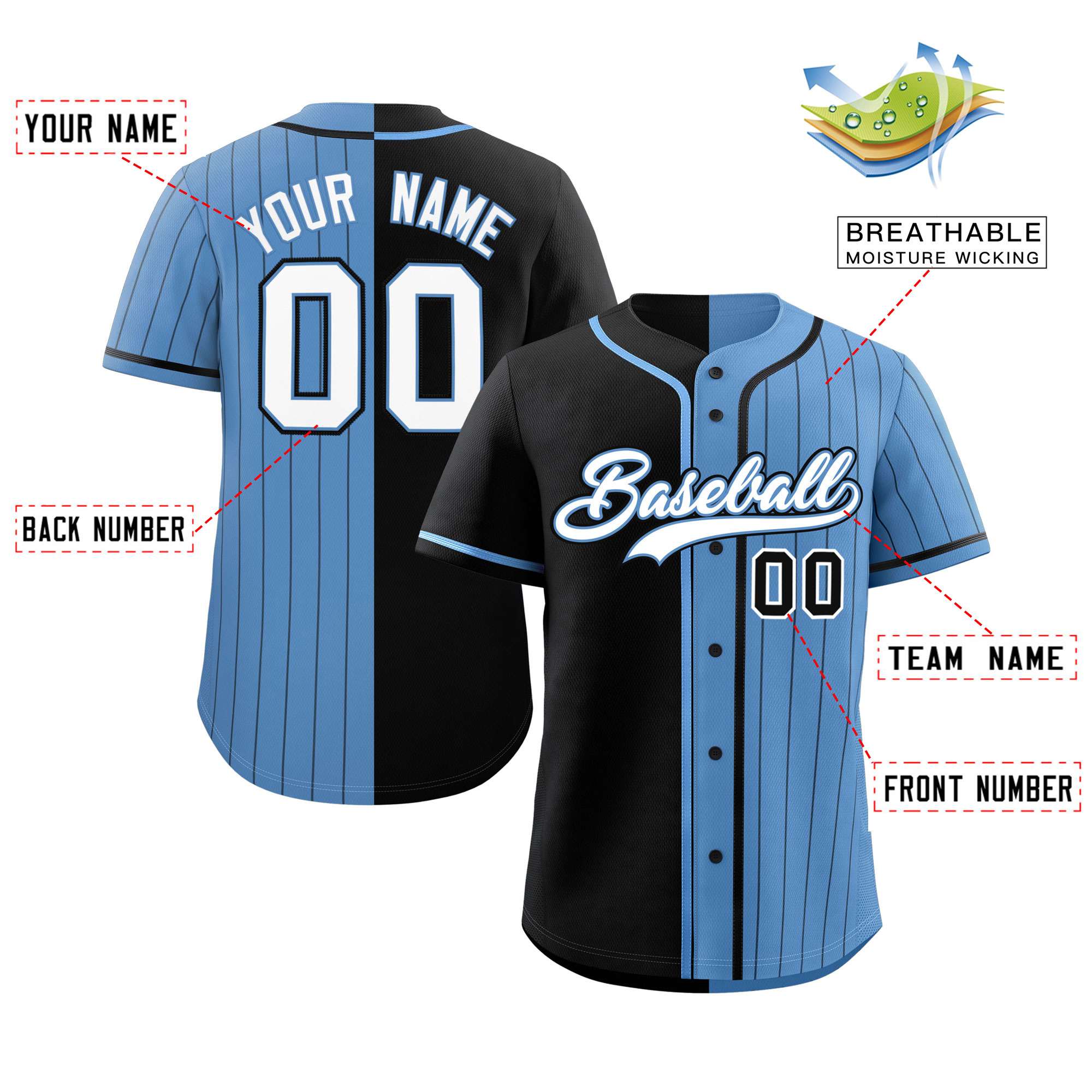 Custom Black Light Blue Stripe-Solid Combo Fashion Authentic Baseball Jersey