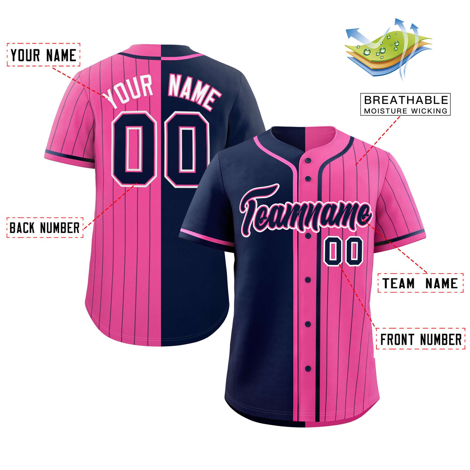 Custom Navy Pink Stripe-Solid Combo Fashion Authentic Baseball Jersey