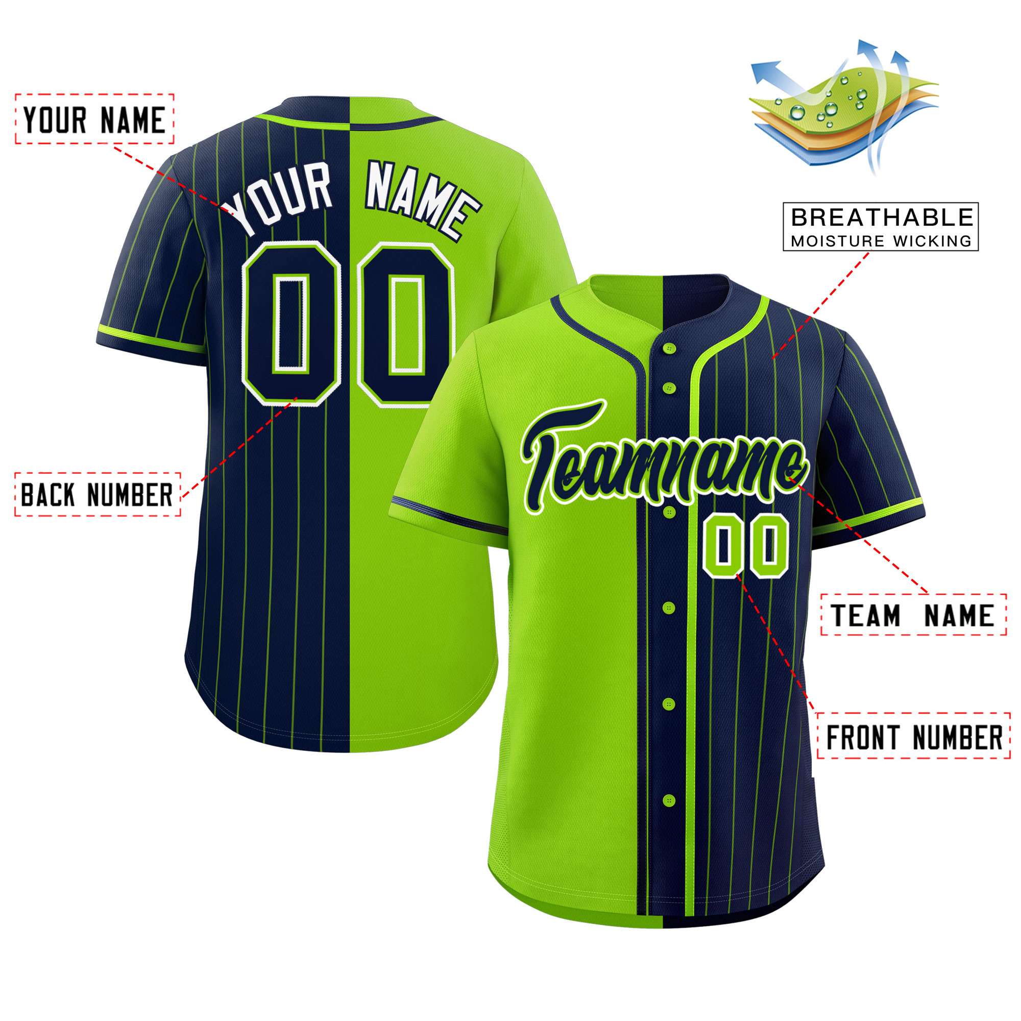 Custom Neon Green Navy Stripe-Solid Combo Fashion Authentic Baseball Jersey