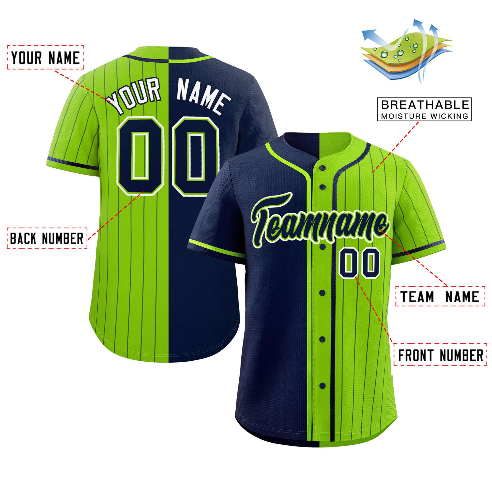 Custom Navy Neon Green Stripe-Solid Combo Fashion Authentic Baseball Jersey