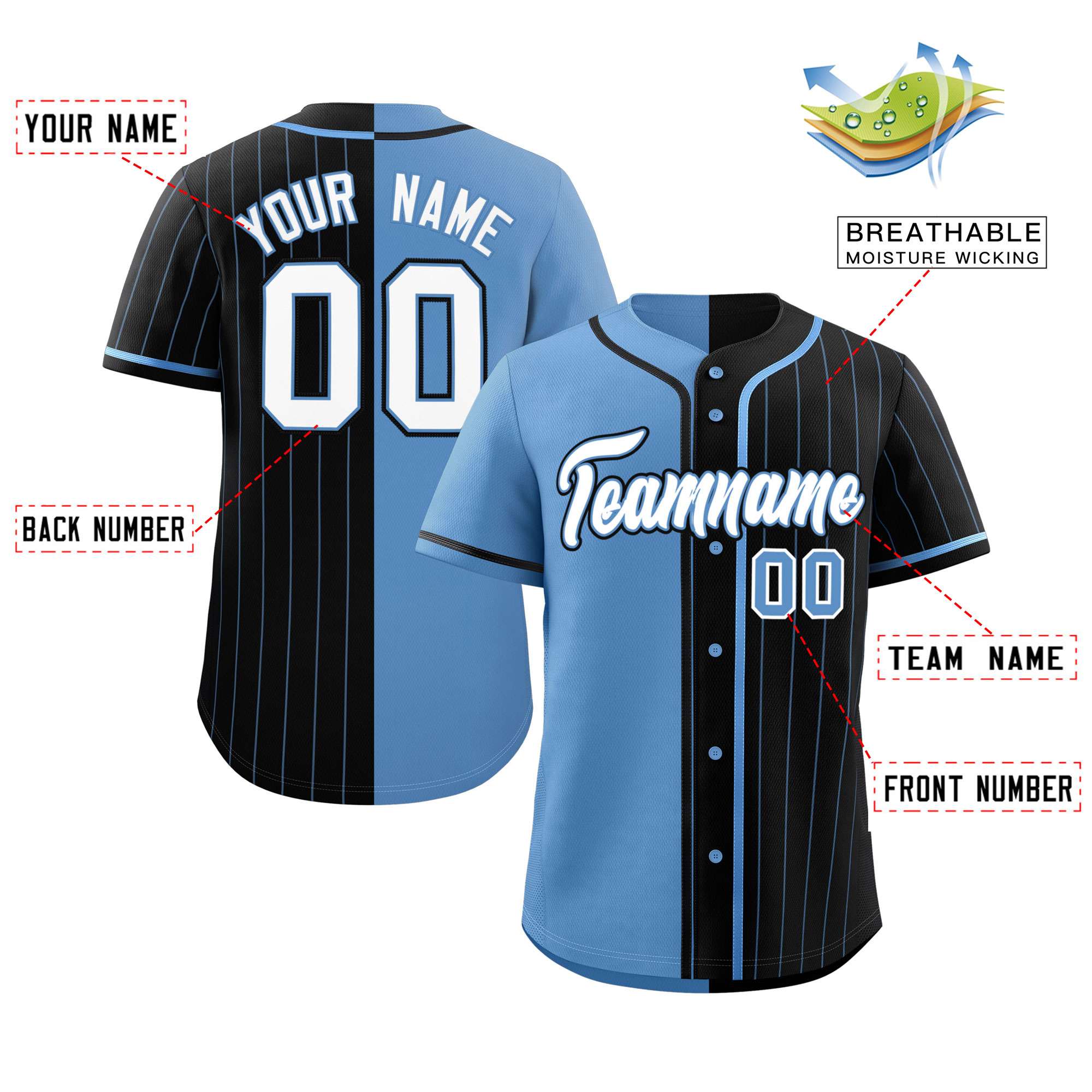 Custom Light Blue Black Stripe-Solid Combo Fashion Authentic Baseball Jersey