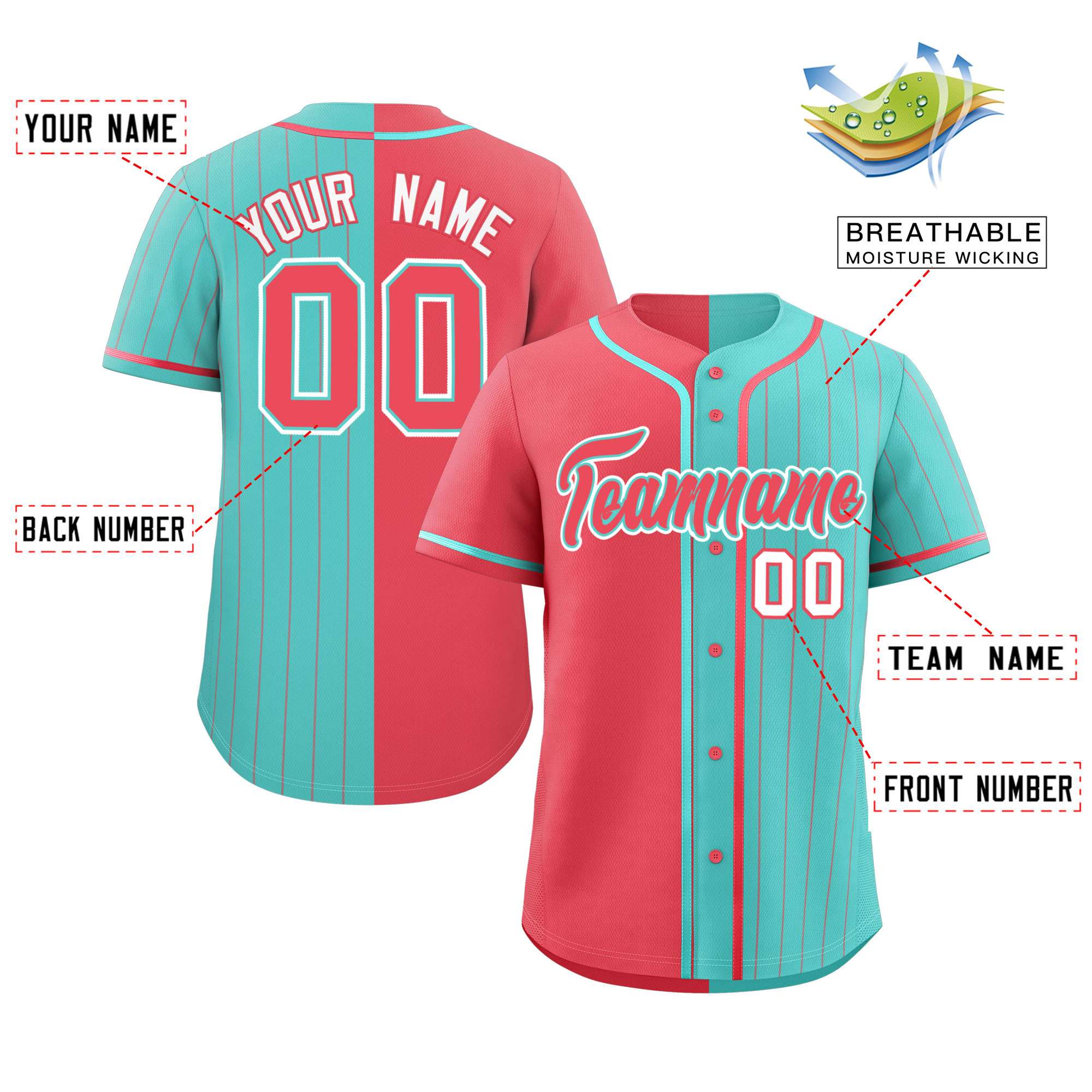 Custom Light Red Aqua Stripe-Solid Combo Fashion Authentic Baseball Jersey