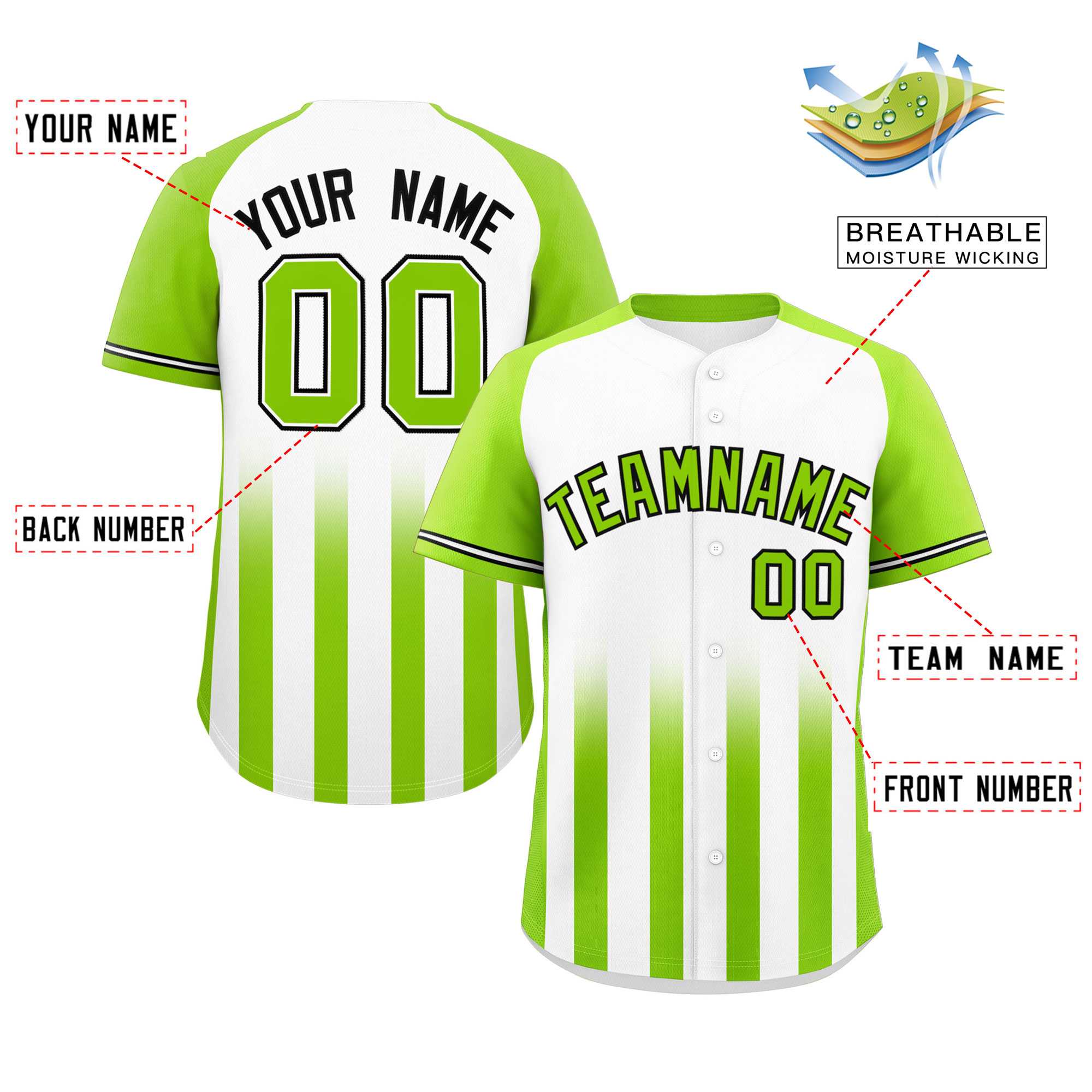 Custom White Neon Green Raglan Sleeves Gradient Thick Stripe Authentic Baseball Jersey