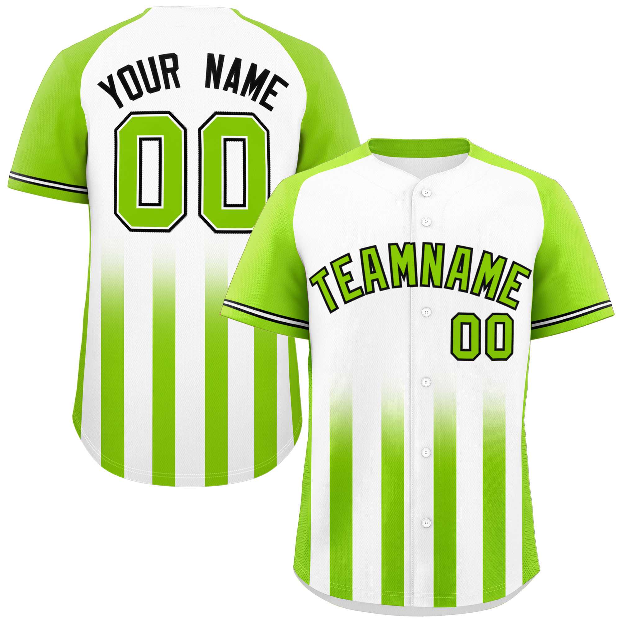 Custom White Neon Green Raglan Sleeves Gradient Thick Stripe Authentic Baseball Jersey