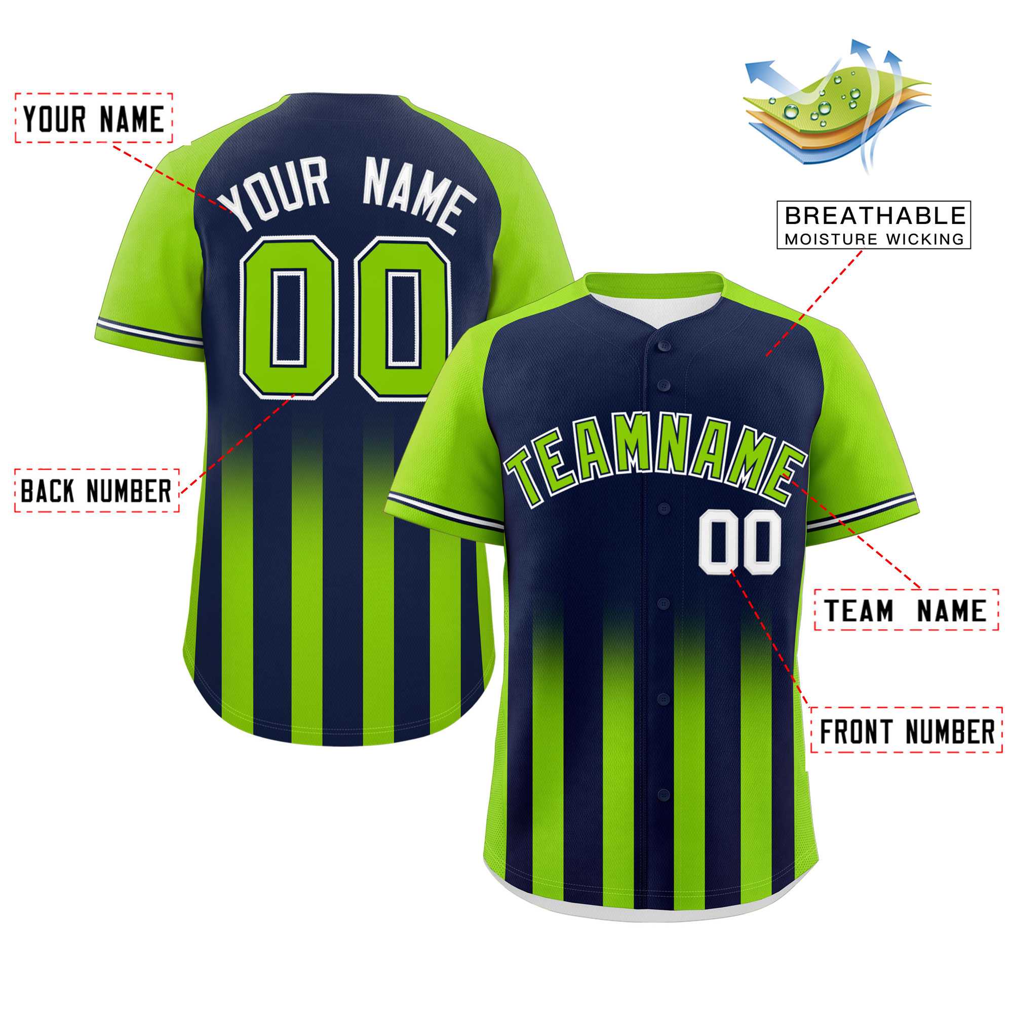 Custom Navy Neon Green Raglan Sleeves Gradient Thick Stripe Authentic Baseball Jersey