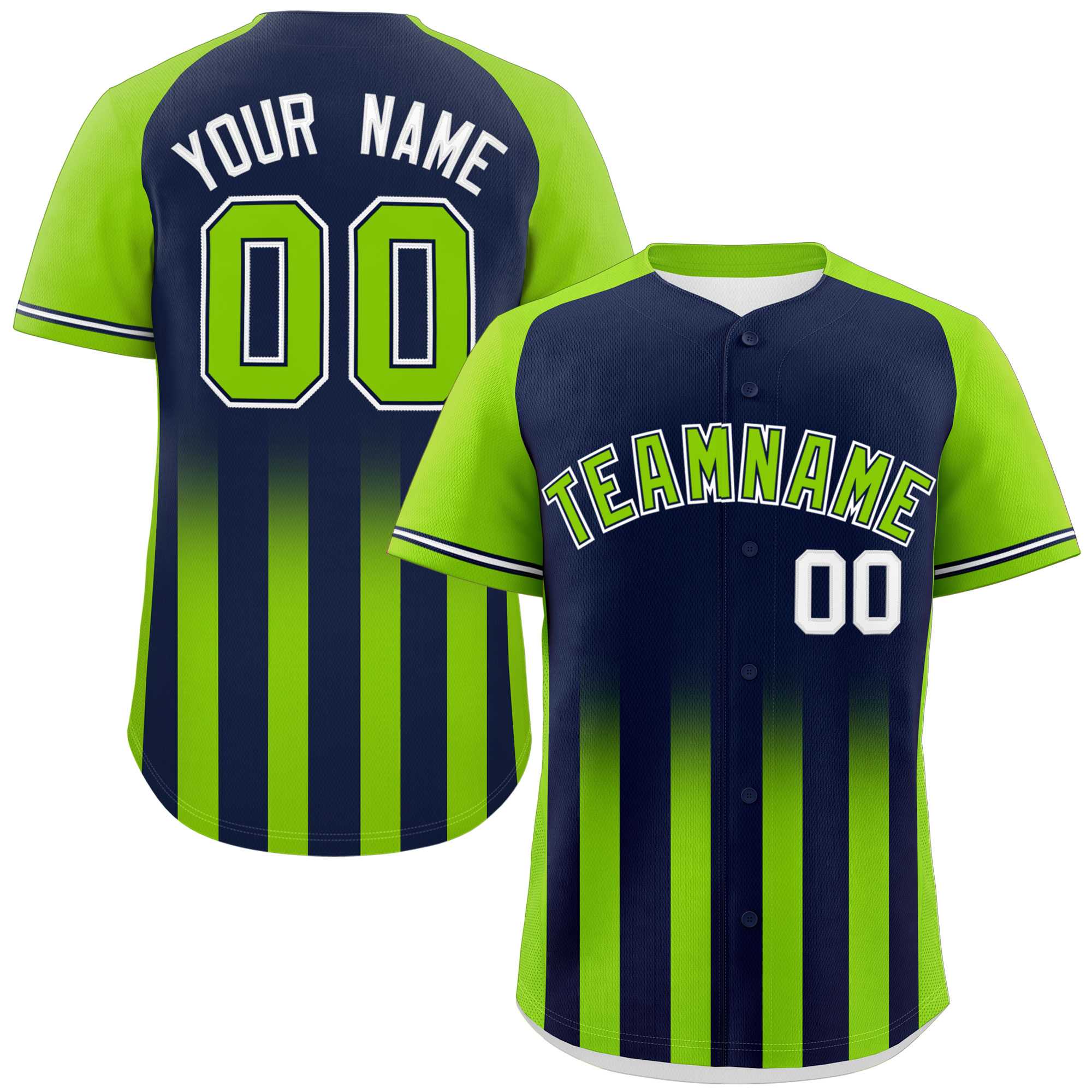 Custom Navy Neon Green Raglan Sleeves Gradient Thick Stripe Authentic Baseball Jersey