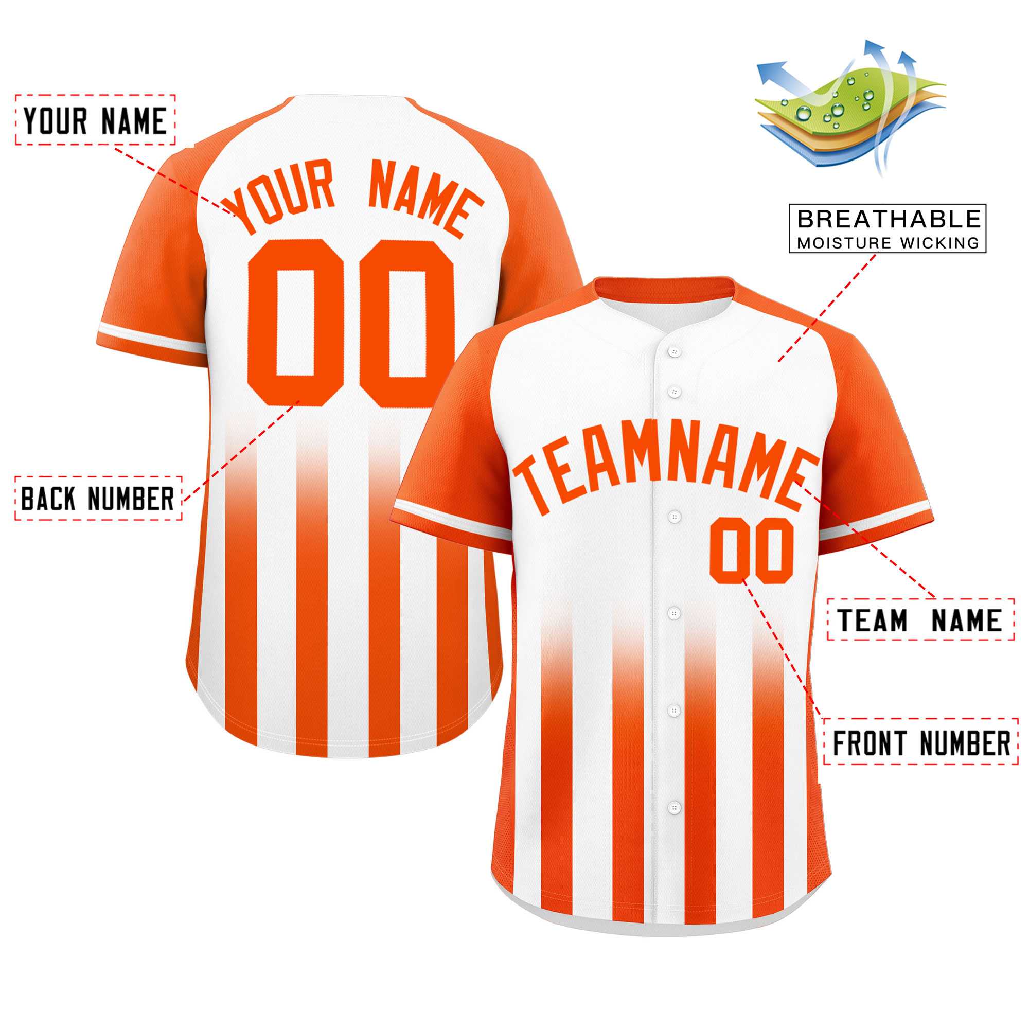 Custom White Orange Raglan Sleeves Gradient Thick Stripe Authentic Baseball Jersey