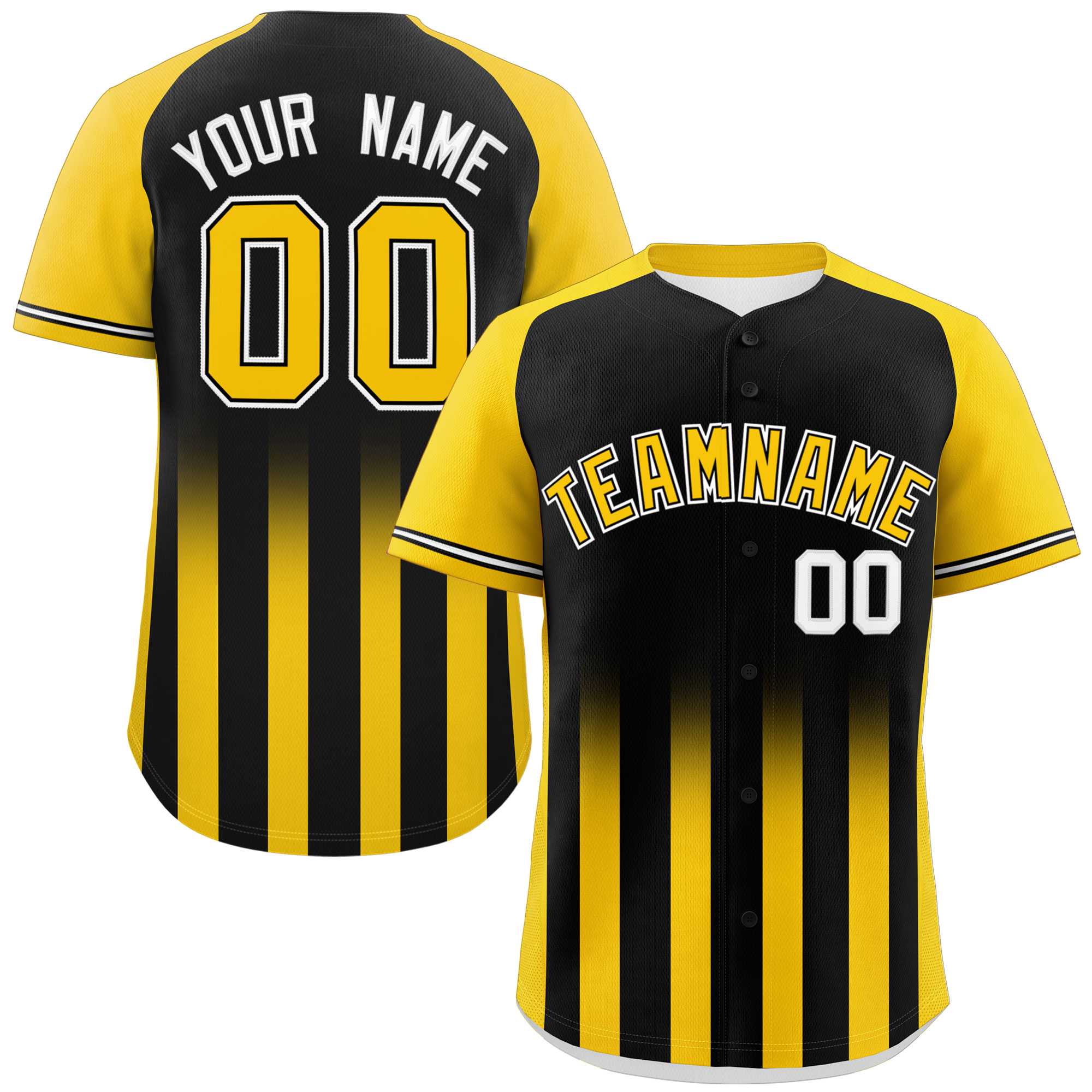 Custom Black Gold Raglan Sleeves Gradient Thick Stripe Authentic Baseball Jersey