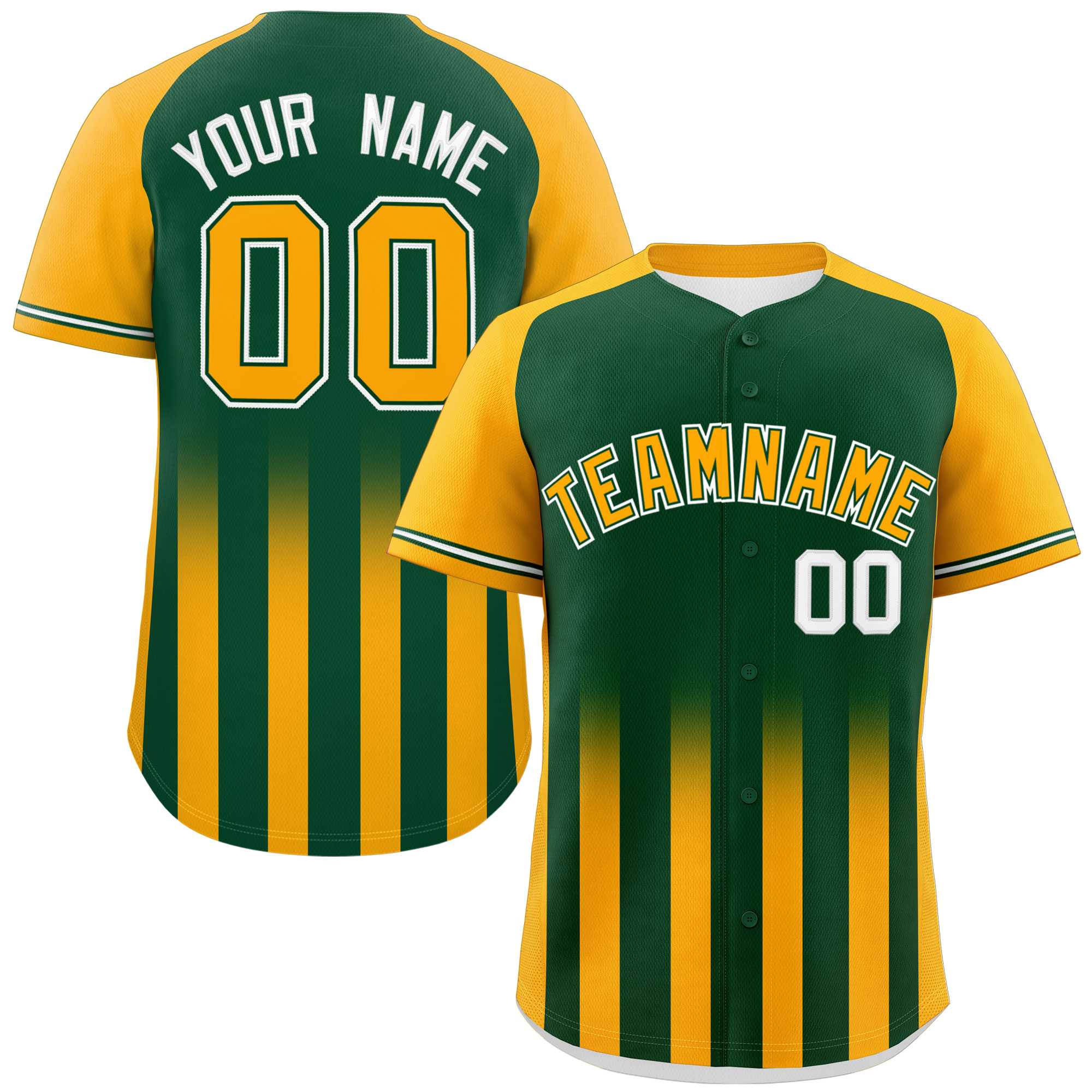 Custom Green Yellow Raglan Sleeves Gradient Thick Stripe Authentic Baseball Jersey