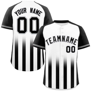 Custom White Black Raglan Sleeves Gradient Thick Stripe Authentic Baseball Jersey