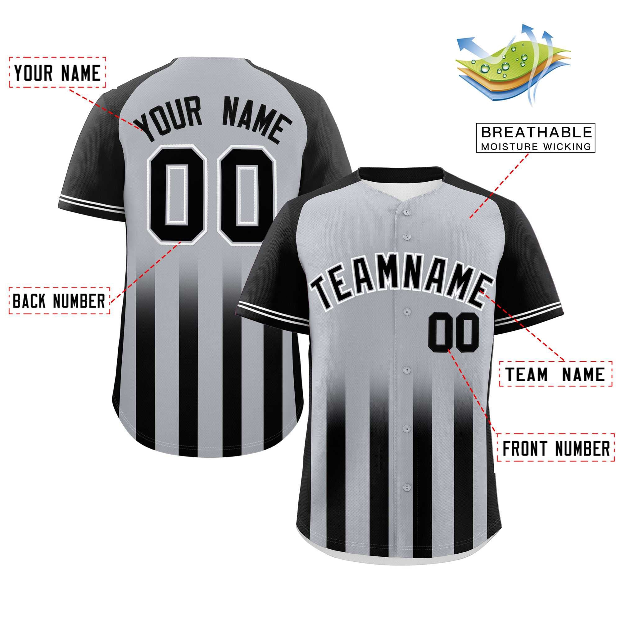 Custom Gray Black Raglan Sleeves Gradient Thick Stripe Authentic Baseball Jersey