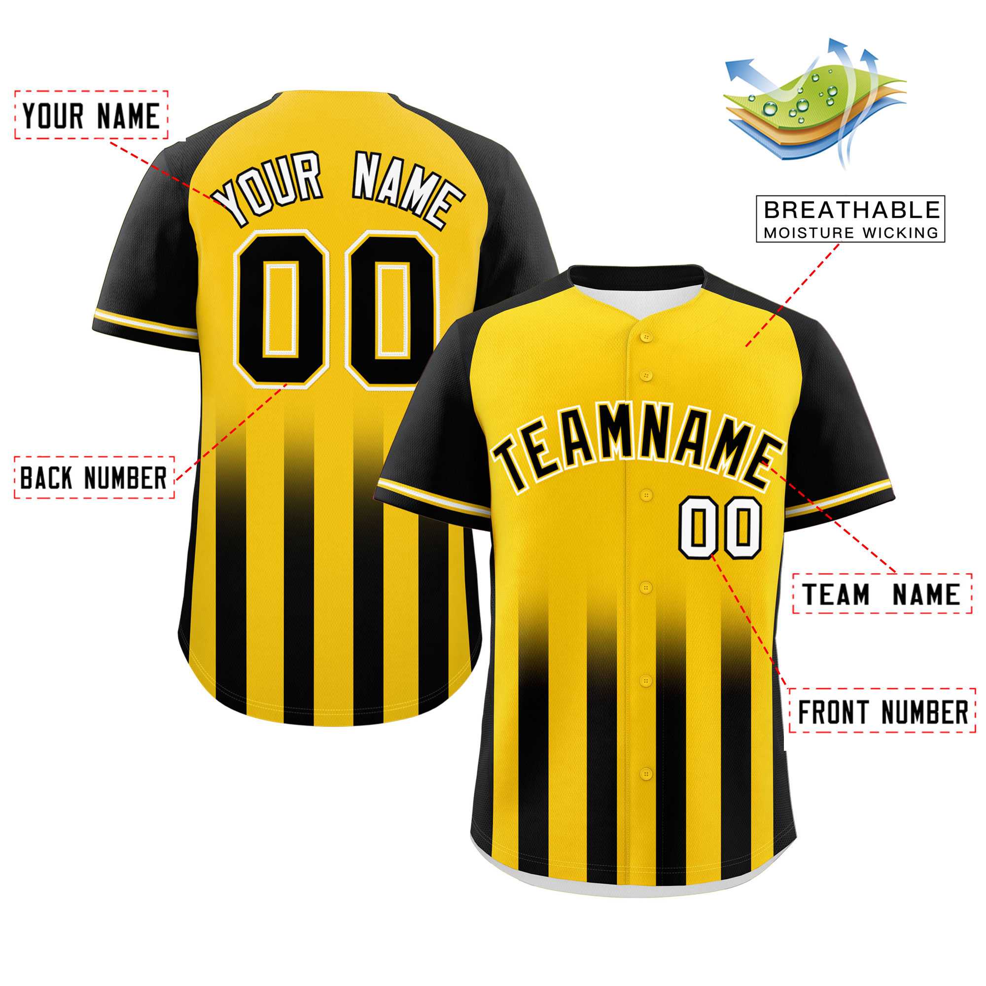 Custom Gold Black Raglan Sleeves Gradient Thick Stripe Authentic Baseball Jersey