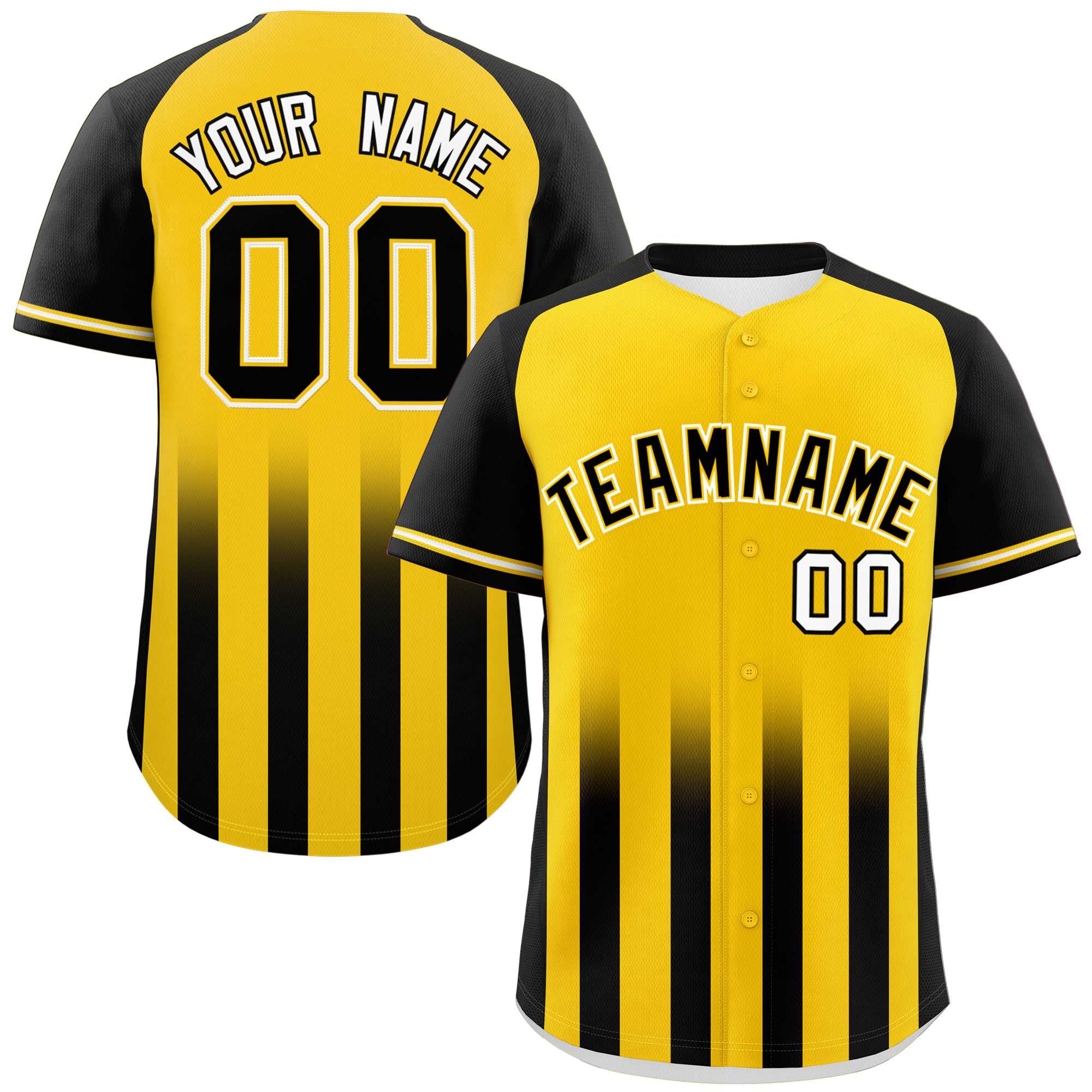 Custom Gold Black Raglan Sleeves Gradient Thick Stripe Authentic Baseball Jersey