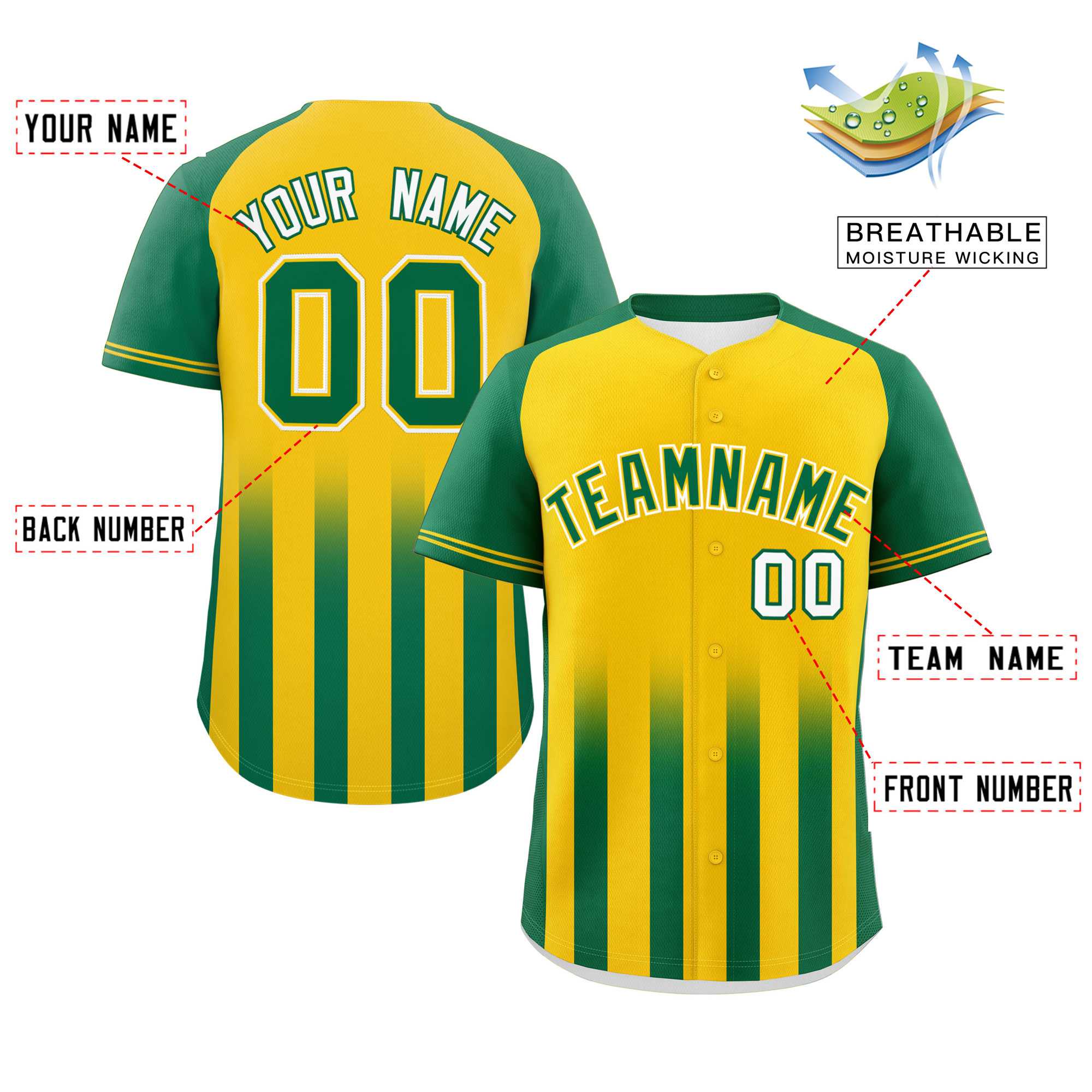 Custom Gold Kelly Green Raglan Sleeves Gradient Thick Stripe Authentic Baseball Jersey