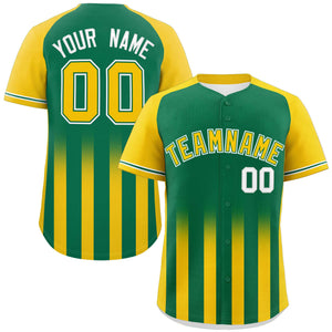 Custom Kelly Green Gold Raglan Sleeves Gradient Thick Stripe Authentic Baseball Jersey