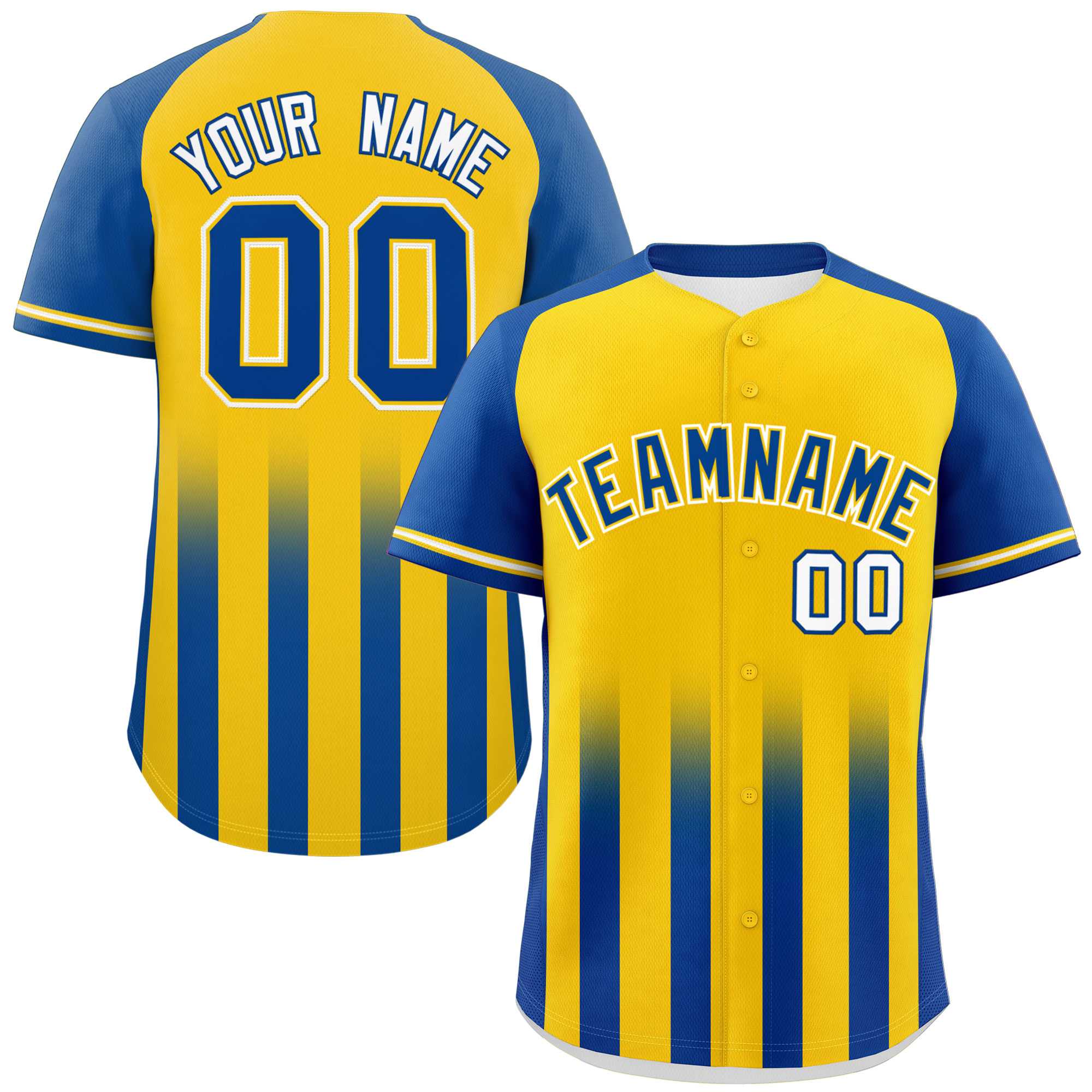 Custom Gold Royal Raglan Sleeves Gradient Thick Stripe Authentic Baseball Jersey