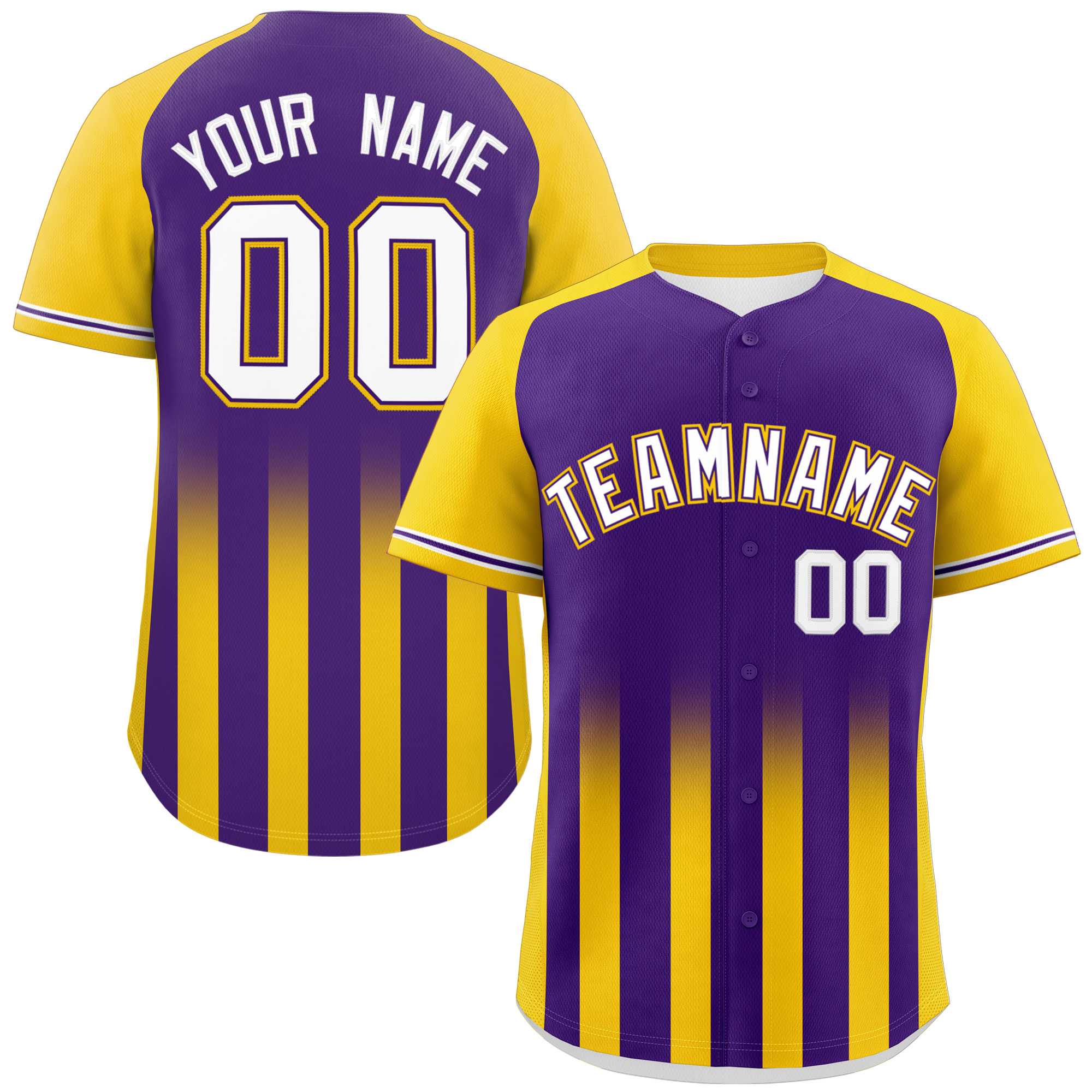 Custom Purple Gold Raglan Sleeves Gradient Thick Stripe Authentic Baseball Jersey