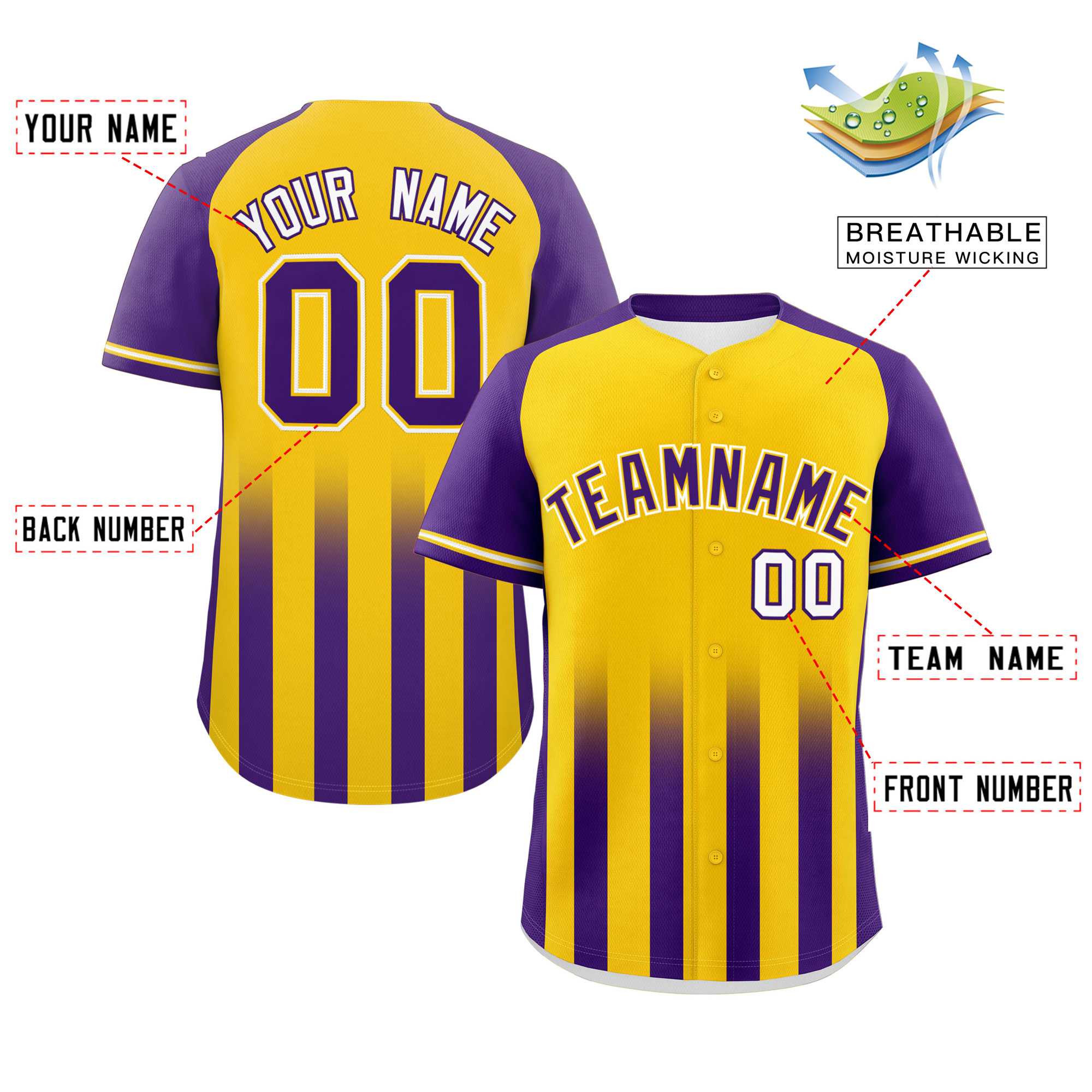 Custom Gold Purple Raglan Sleeves Gradient Thick Stripe Authentic Baseball Jersey