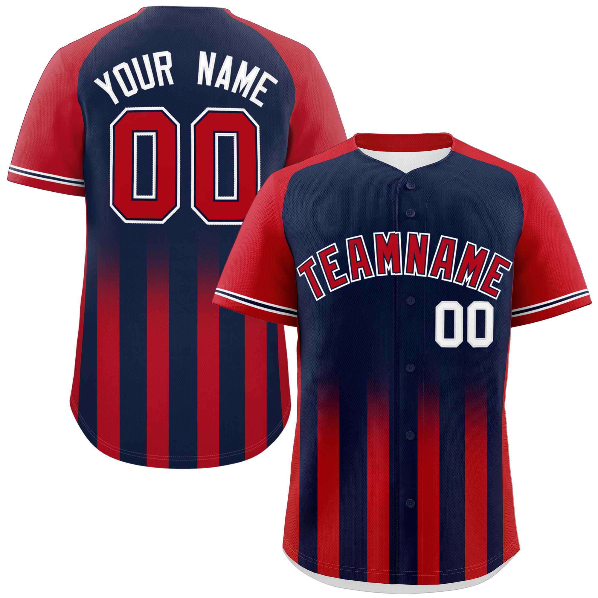 Custom Navy Red Raglan Sleeves Gradient Thick Stripe Authentic Baseball Jersey