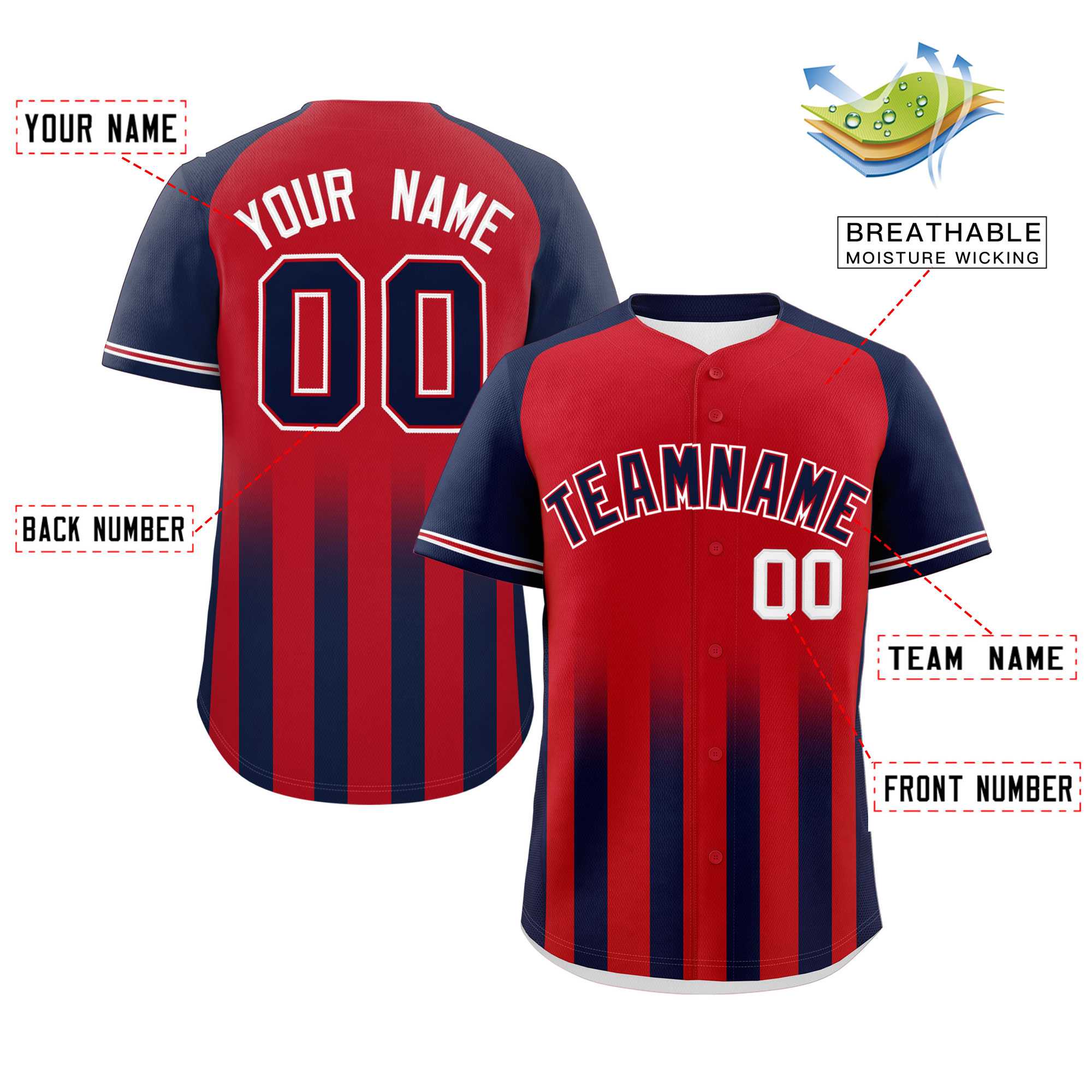 Custom Red Navy Raglan Sleeves Gradient Thick Stripe Authentic Baseball Jersey