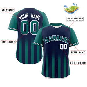 Custom Navy Aqua Raglan Sleeves Gradient Thick Stripe Authentic Baseball Jersey