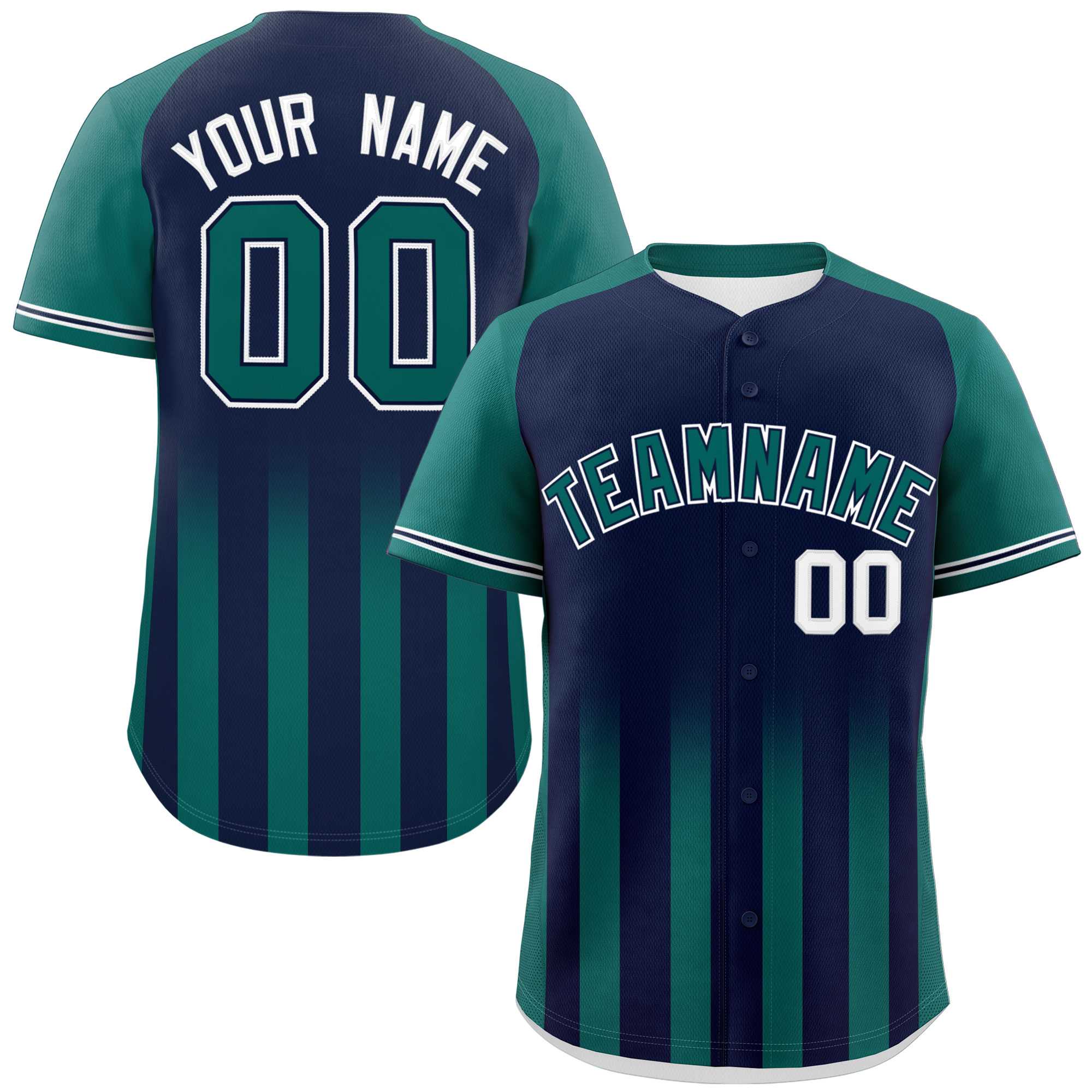 Custom Navy Aqua Raglan Sleeves Gradient Thick Stripe Authentic Baseball Jersey