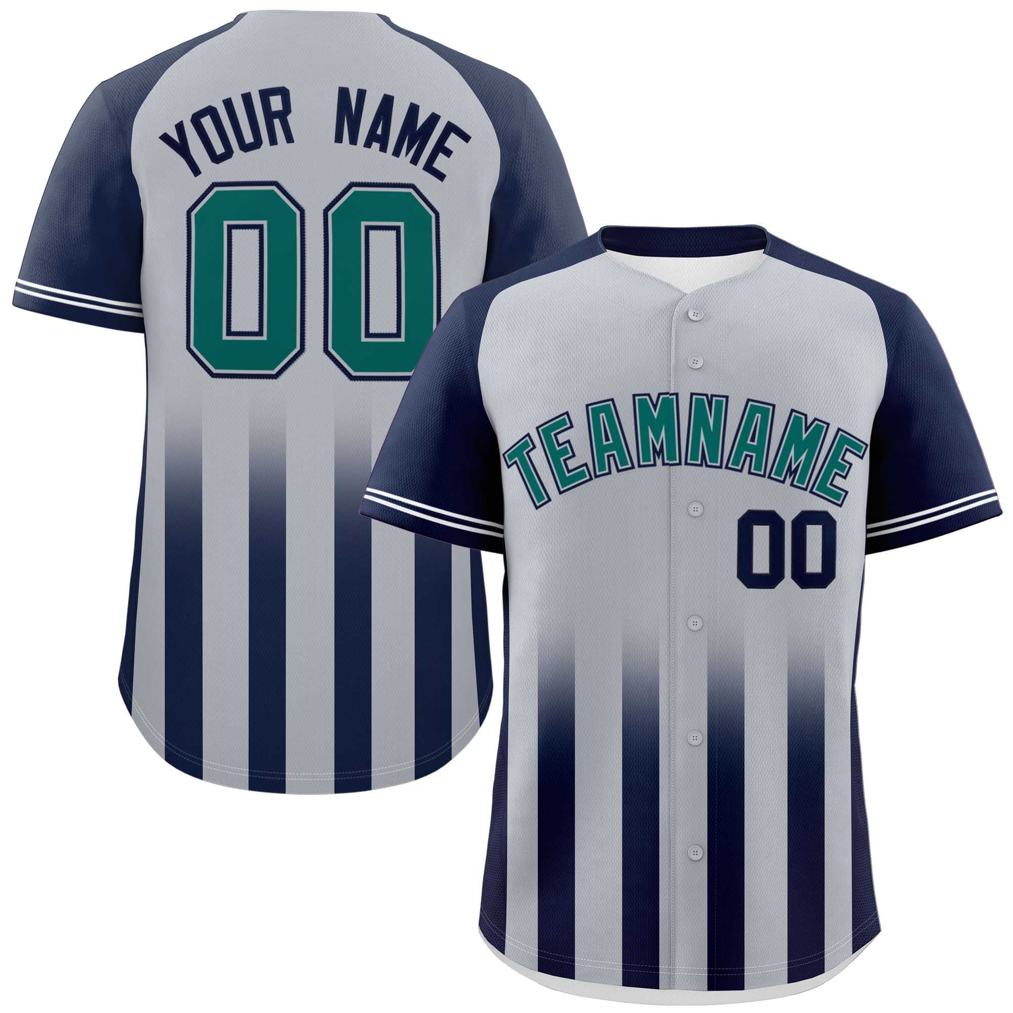 Custom Gray Navy Raglan Sleeves Gradient Thick Stripe Authentic Baseball Jersey