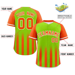 Custom Neon Green Orange Raglan Sleeves Gradient Thick Stripe Authentic Baseball Jersey