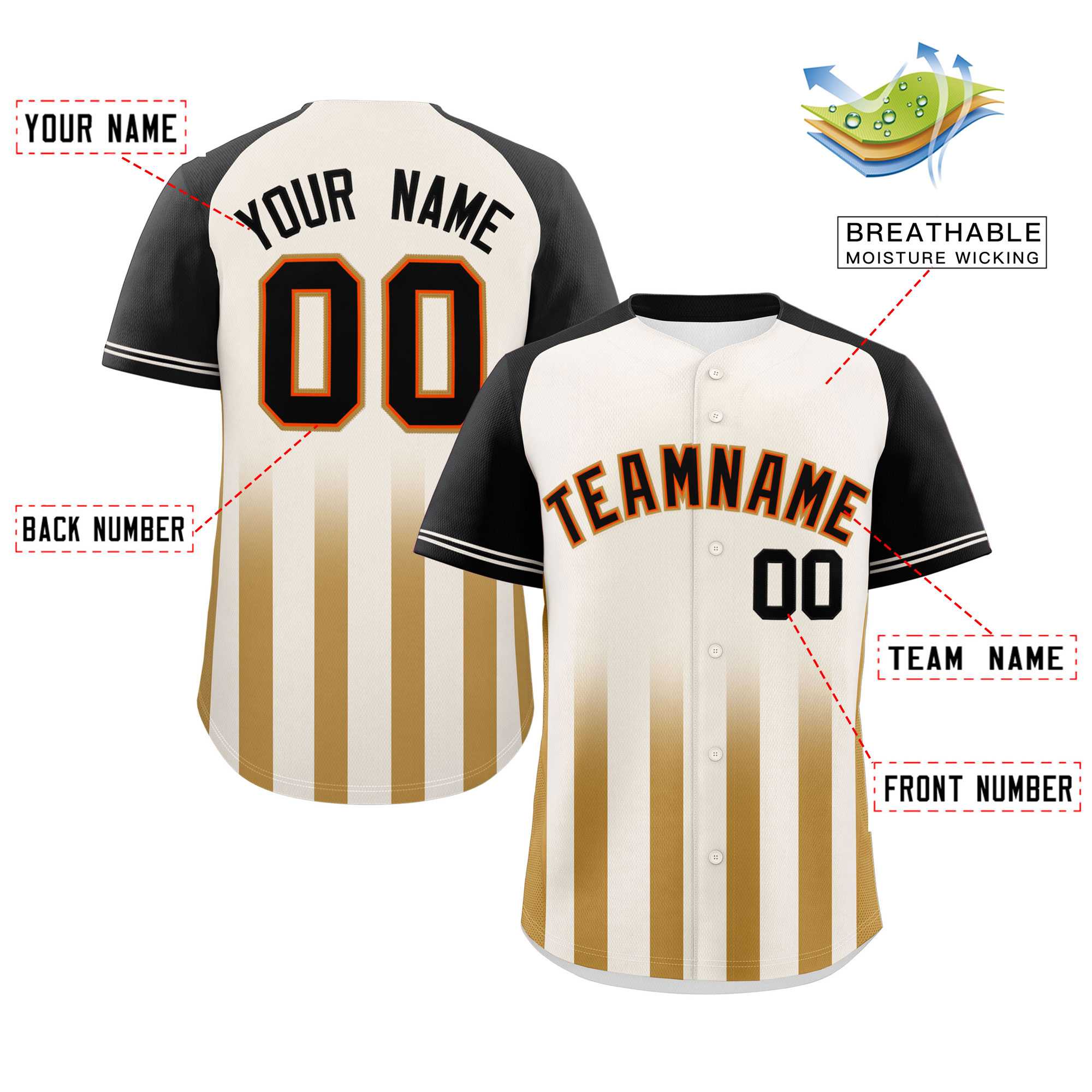 Custom Cream Black Raglan Sleeves Gradient Thick Stripe Authentic Baseball Jersey