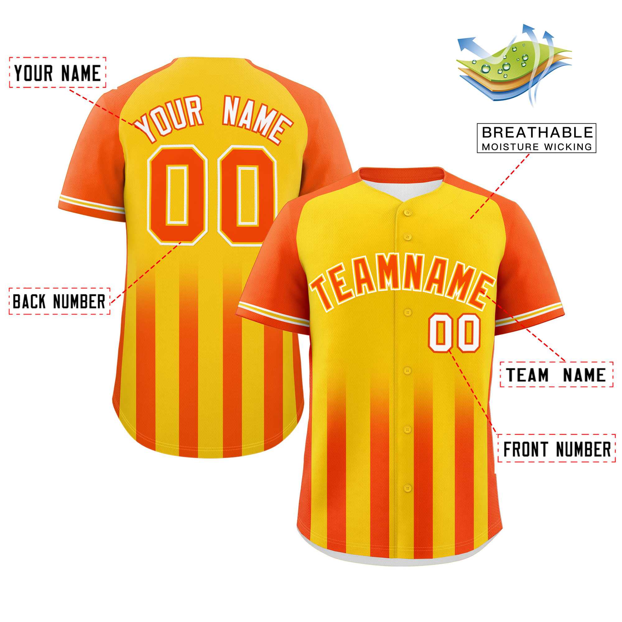 Custom Gold Orange Raglan Sleeves Gradient Thick Stripe Authentic Baseball Jersey