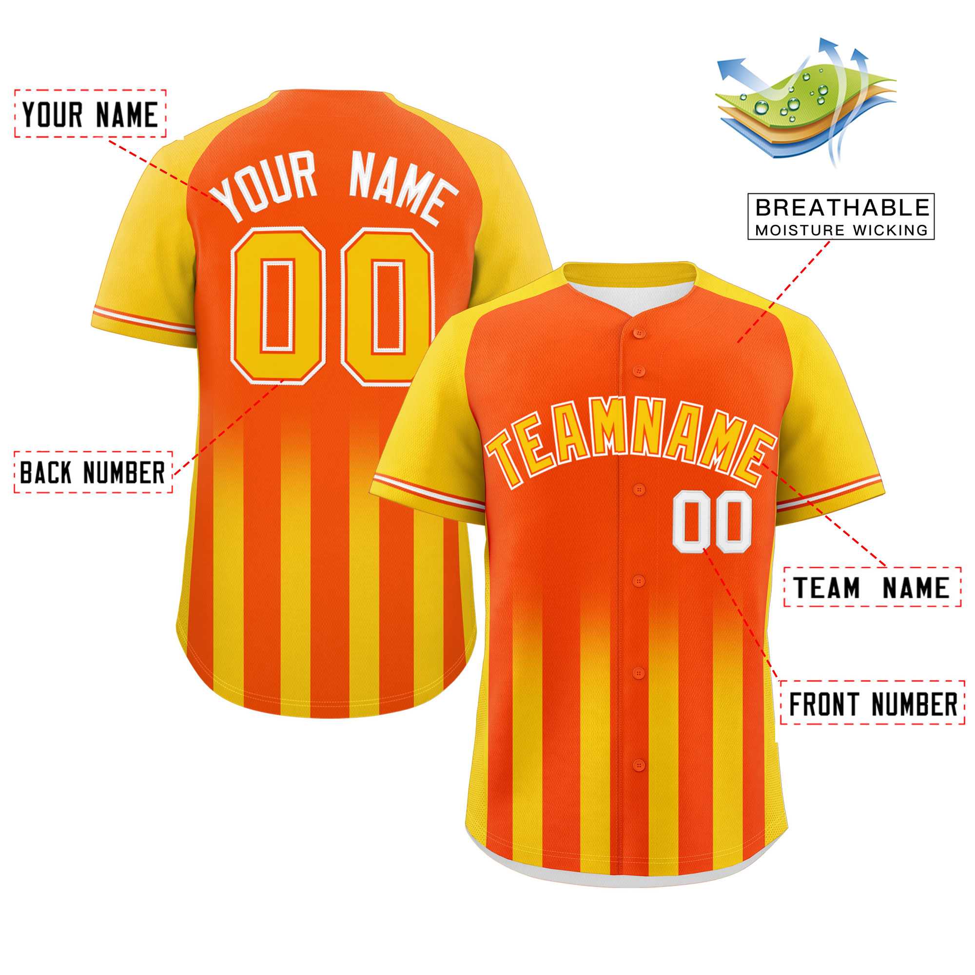 Custom Orange Gold Raglan Sleeves Gradient Thick Stripe Authentic Baseball Jersey