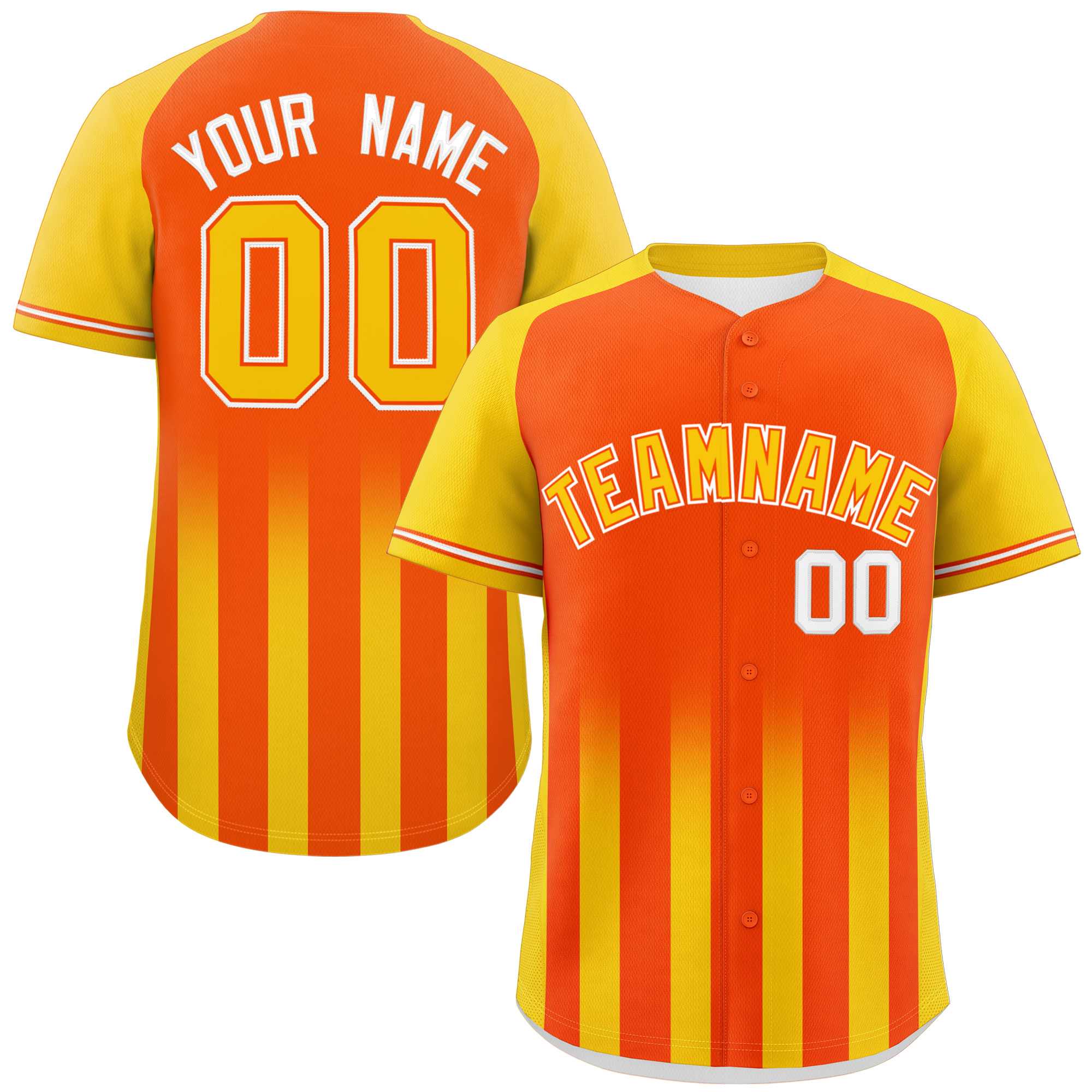 Custom Orange Gold Raglan Sleeves Gradient Thick Stripe Authentic Baseball Jersey