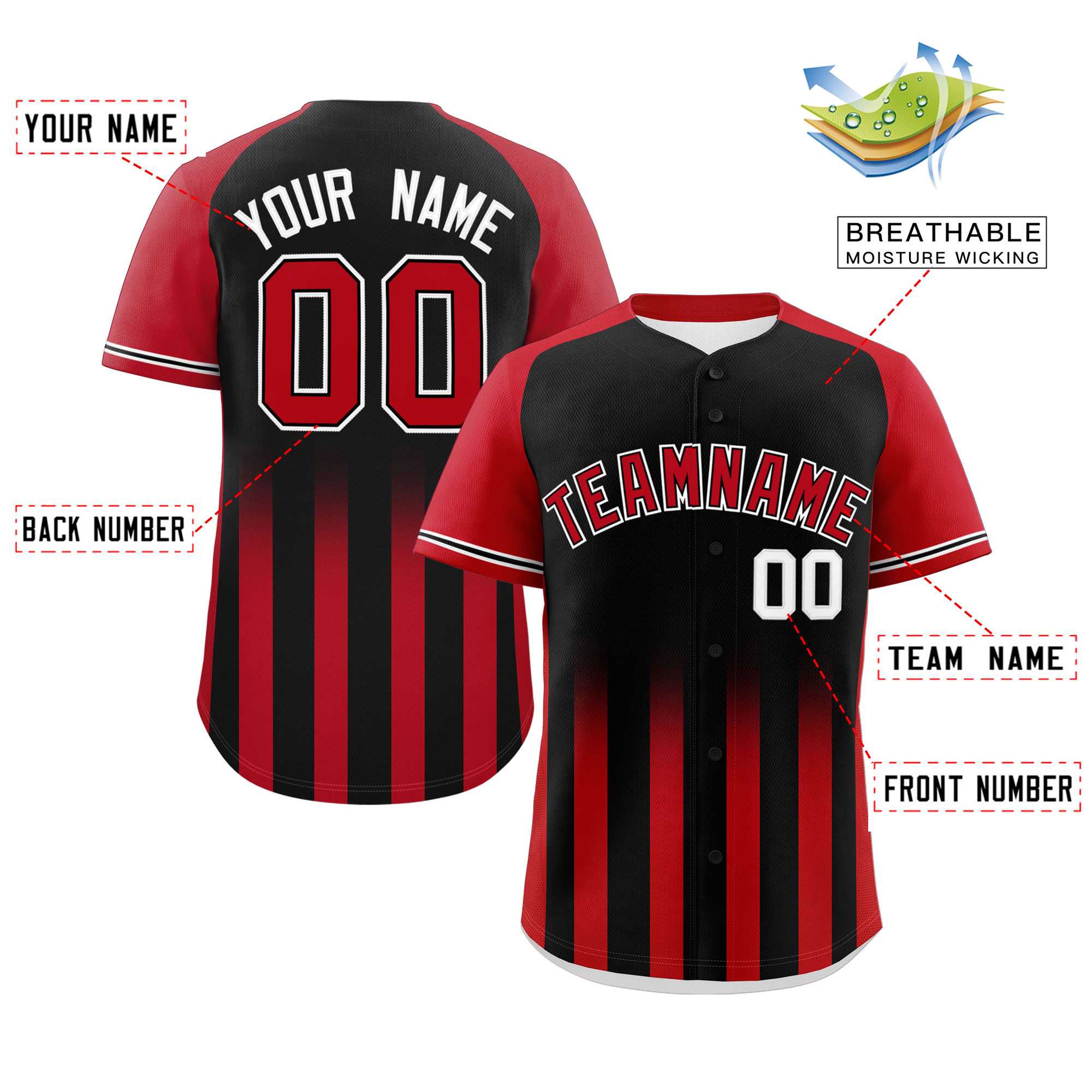 Custom Black Red Raglan Sleeves Gradient Thick Stripe Authentic Baseball Jersey