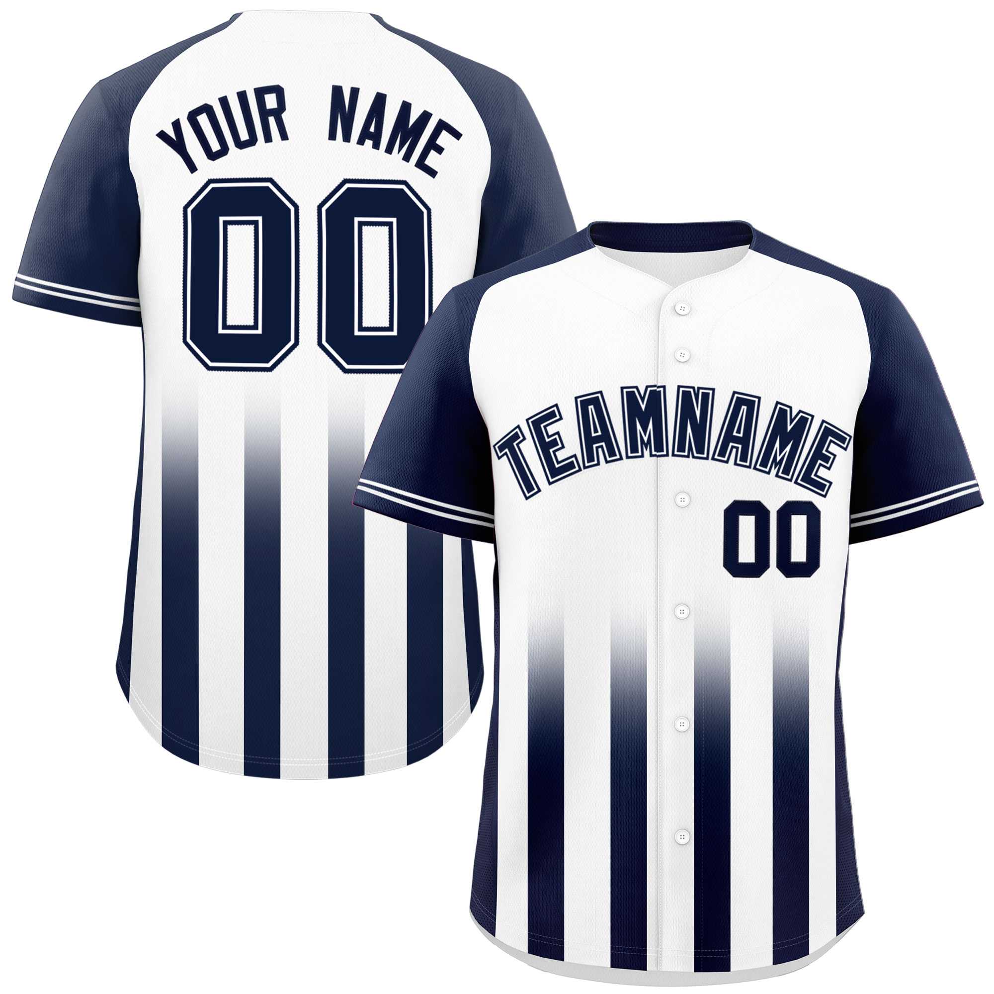 Custom White Navy Raglan Sleeves Gradient Thick Stripe Authentic Baseball Jersey