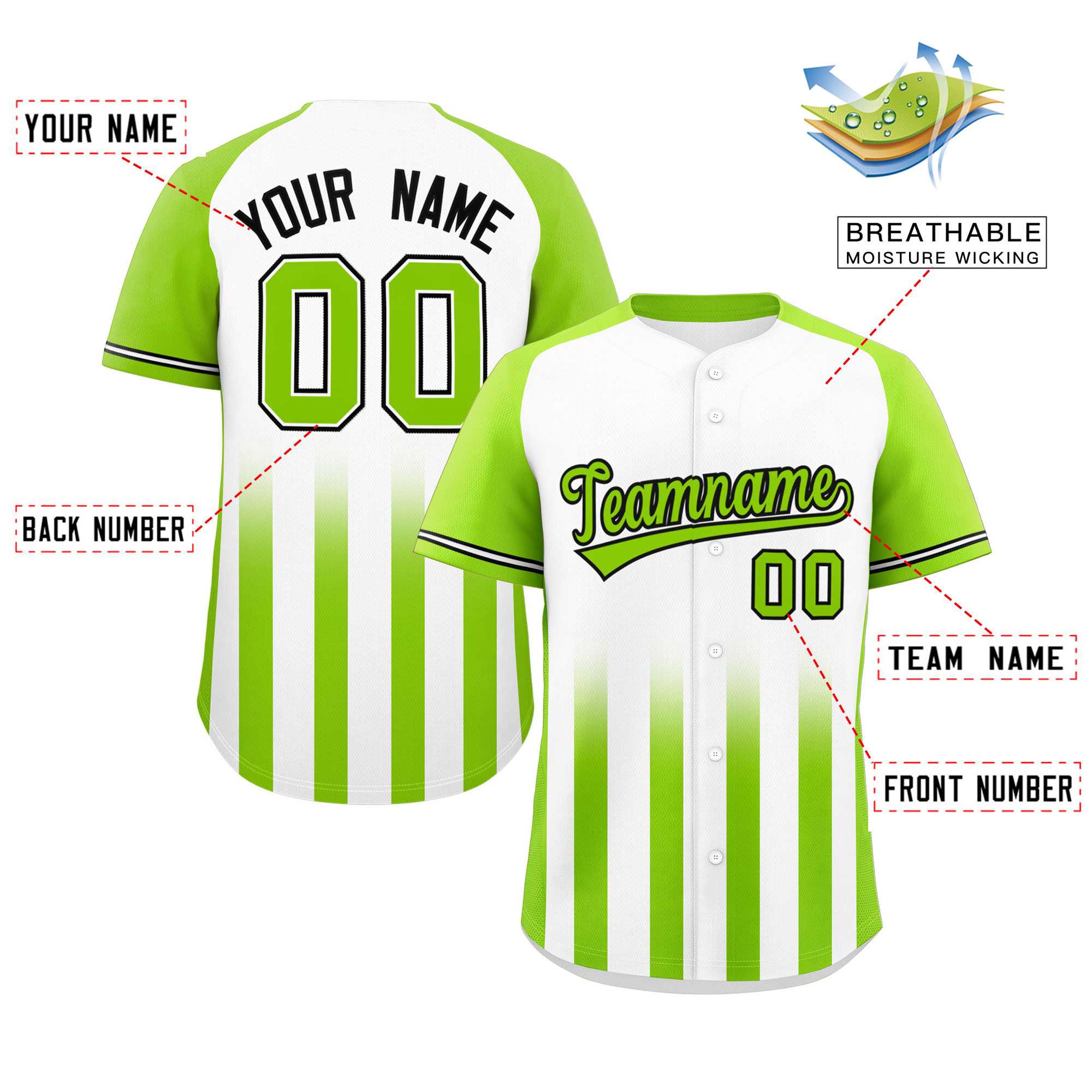 Custom White Neon Green Raglan Sleeves Gradient Thick Stripe Authentic Baseball Jersey