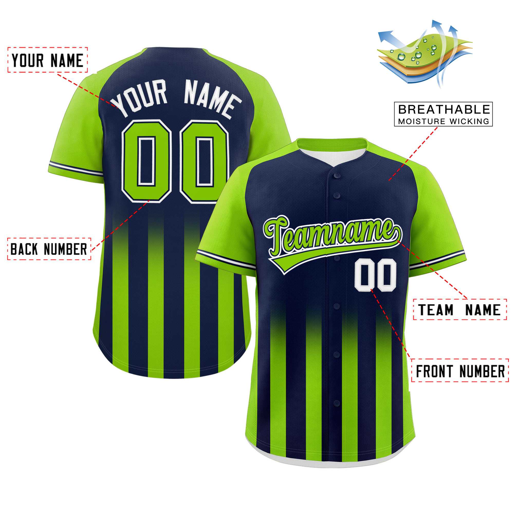 Custom Navy Neon Green Raglan Sleeves Gradient Thick Stripe Authentic Baseball Jersey