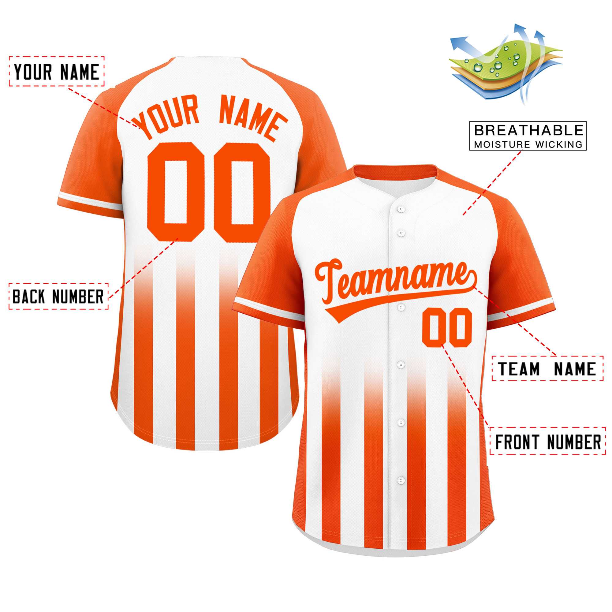 Custom White Orange Raglan Sleeves Gradient Thick Stripe Authentic Baseball Jersey