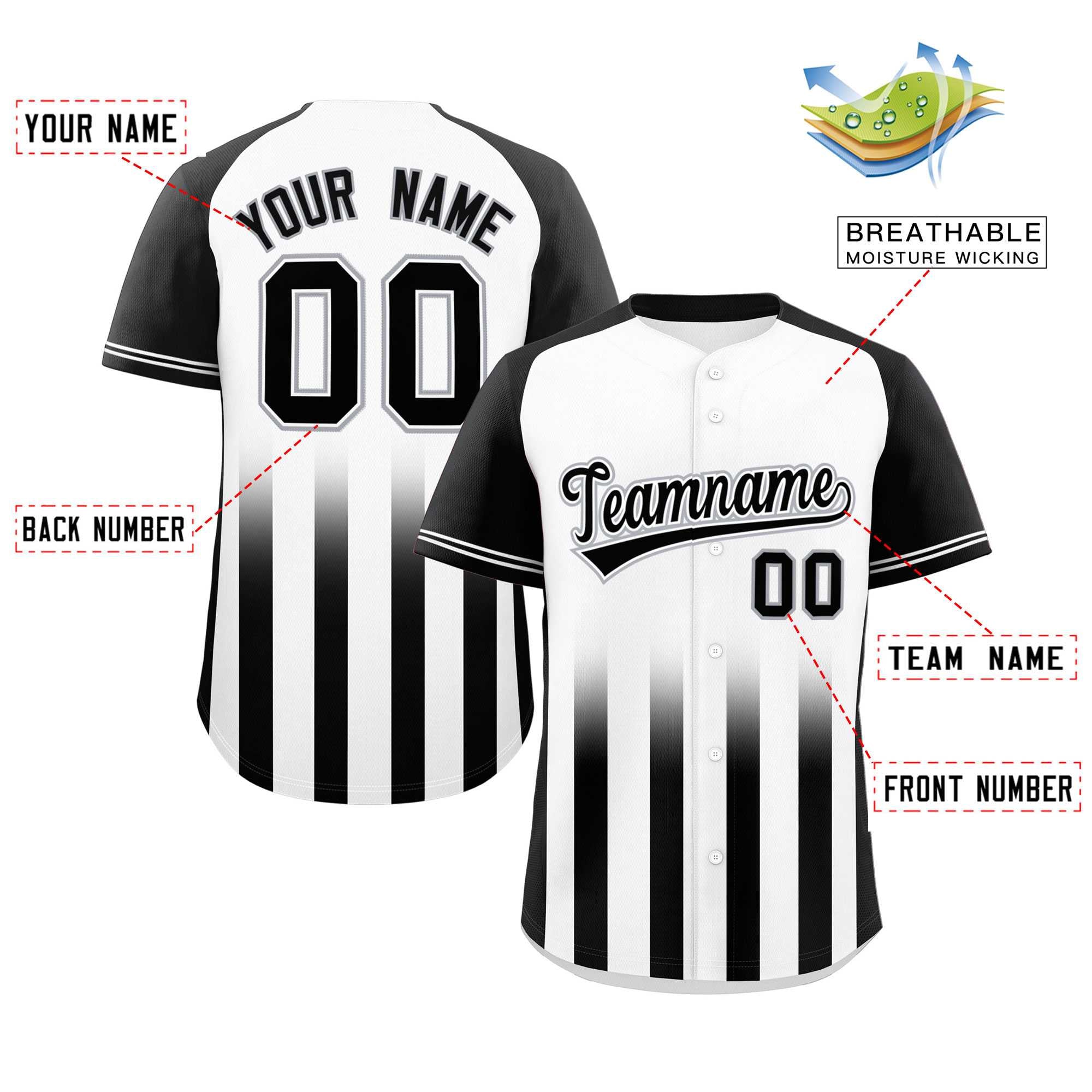 Custom White Black Raglan Sleeves Gradient Thick Stripe Authentic Baseball Jersey