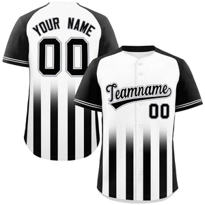 Custom White Black Raglan Sleeves Gradient Thick Stripe Authentic Baseball Jersey