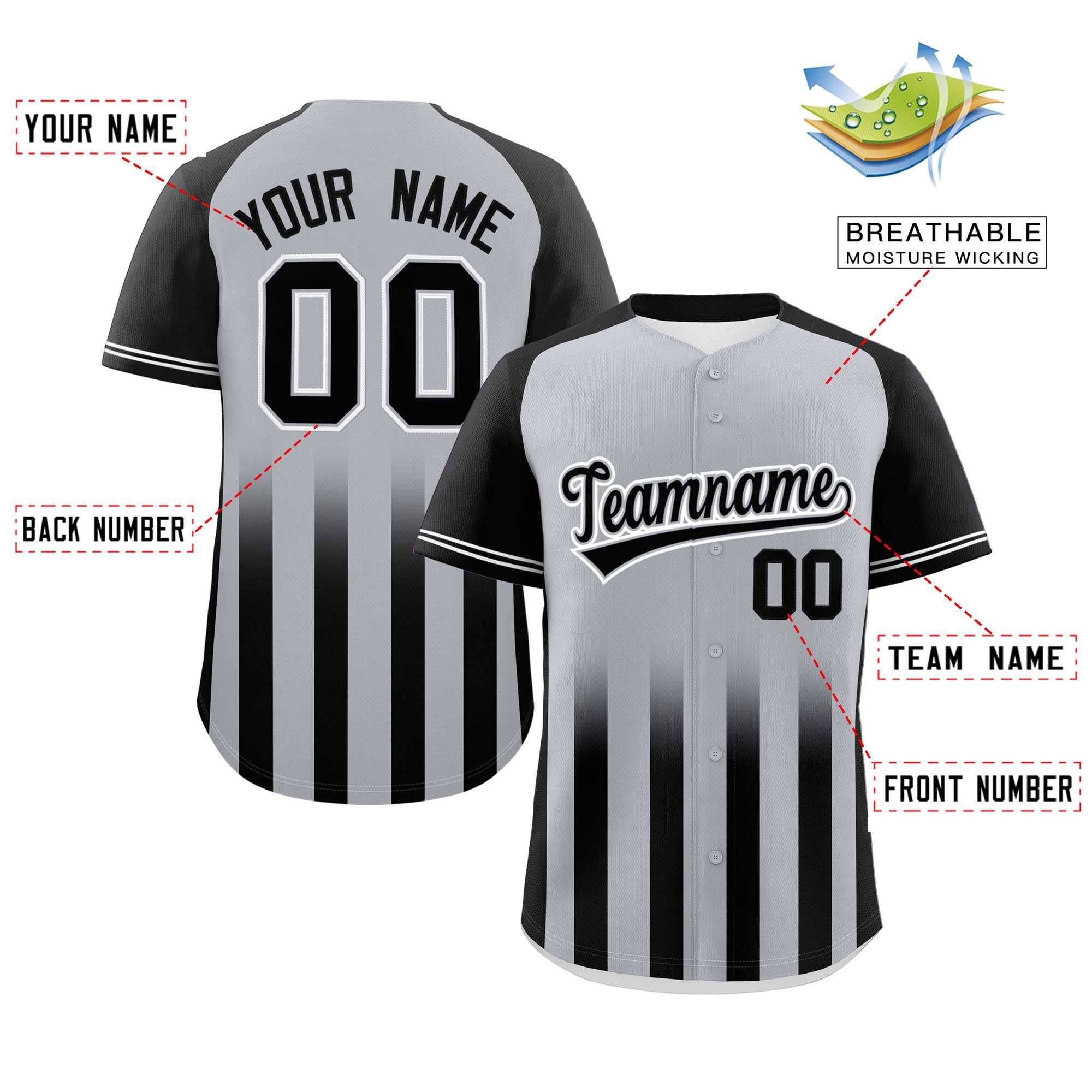 Custom Gray Black Raglan Sleeves Gradient Thick Stripe Authentic Baseball Jersey